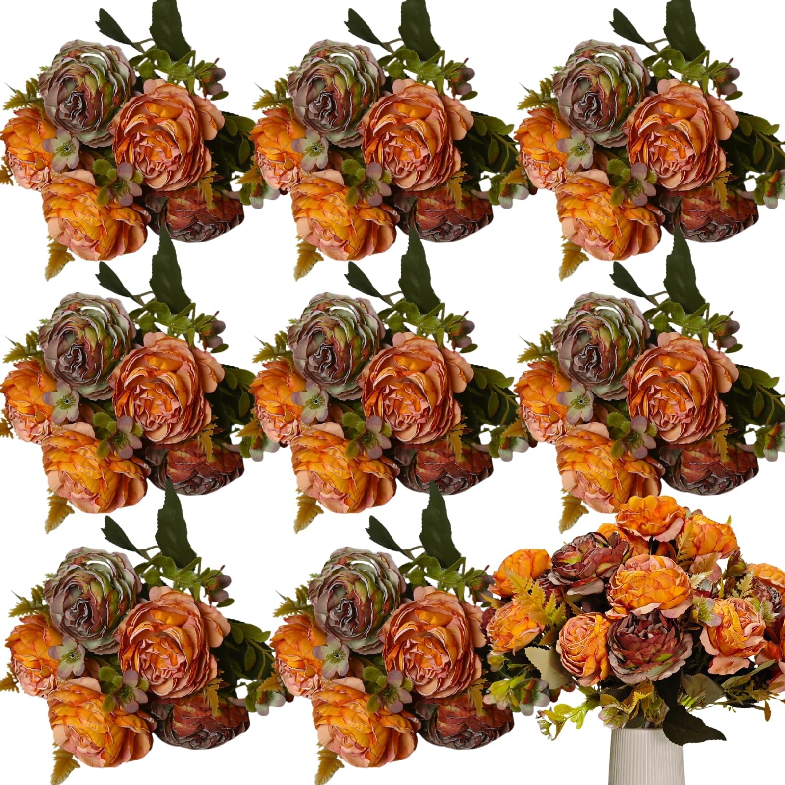 8 PCS Burnt Orange Peonies Artificial Flowers Fall Fake Peony Silk Bouquet Table