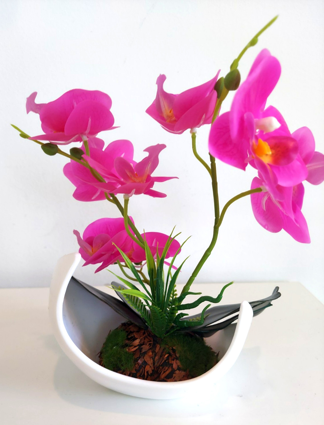 Artificial Bonsai Phalaenopsis Orchid Flower Fushia Purple Plant Potted 9.5″ H