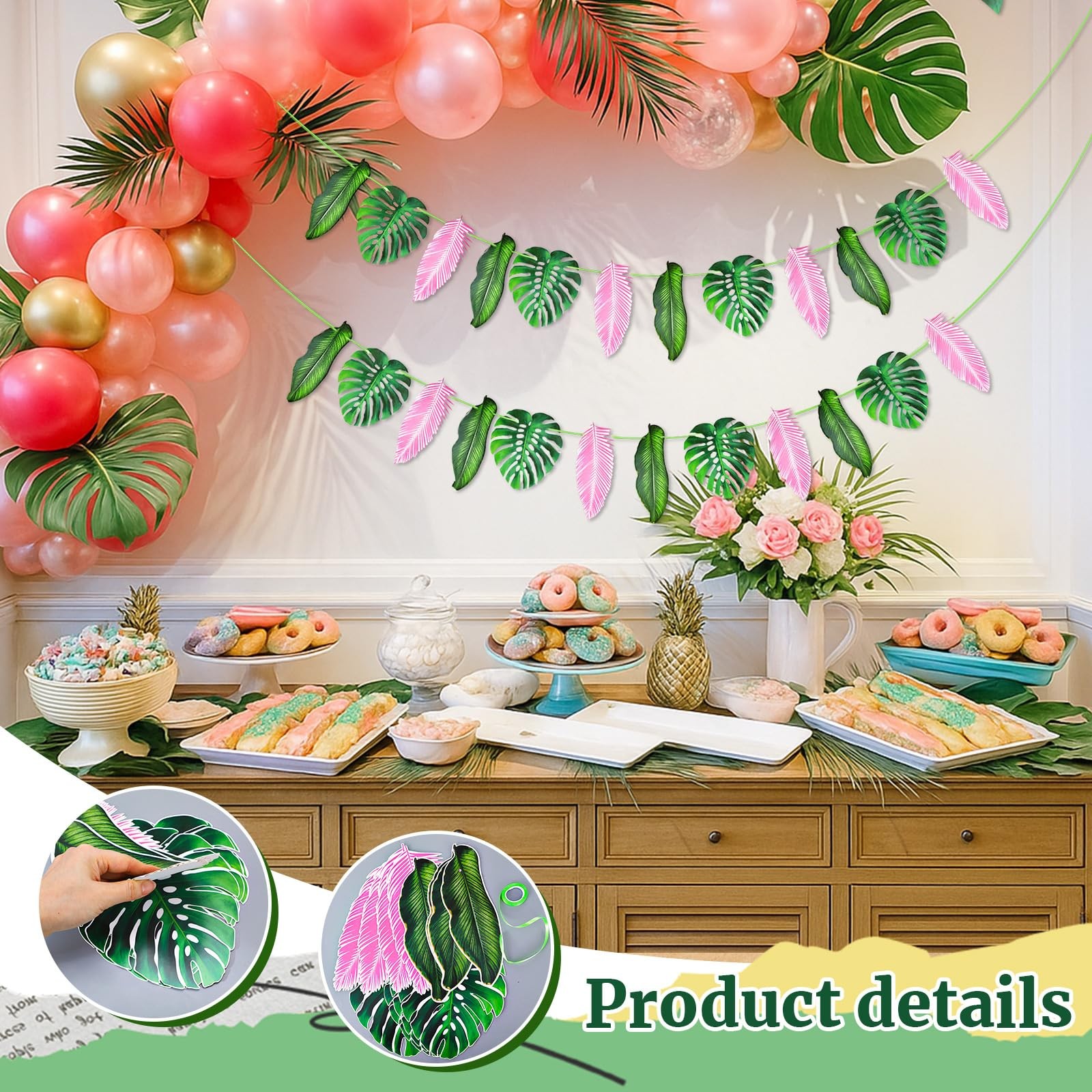 24 Pcs 8.5 ft Artificial Tropical Palm Leaves Garland – Pink Green Monstera L…