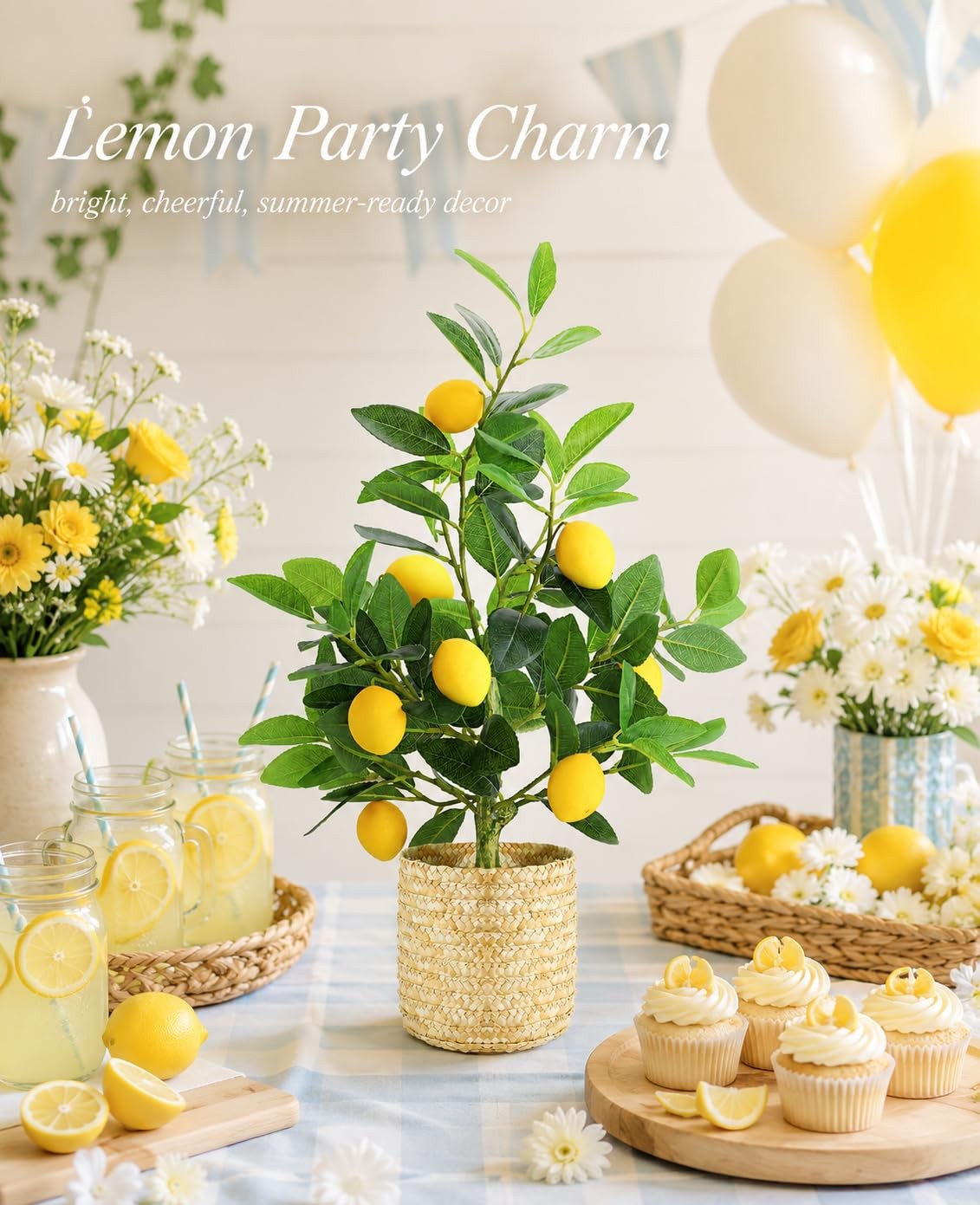 Artificial Lemon Tree with Woven Basket, Faux Lemon Decor for Kitchen and Hom…