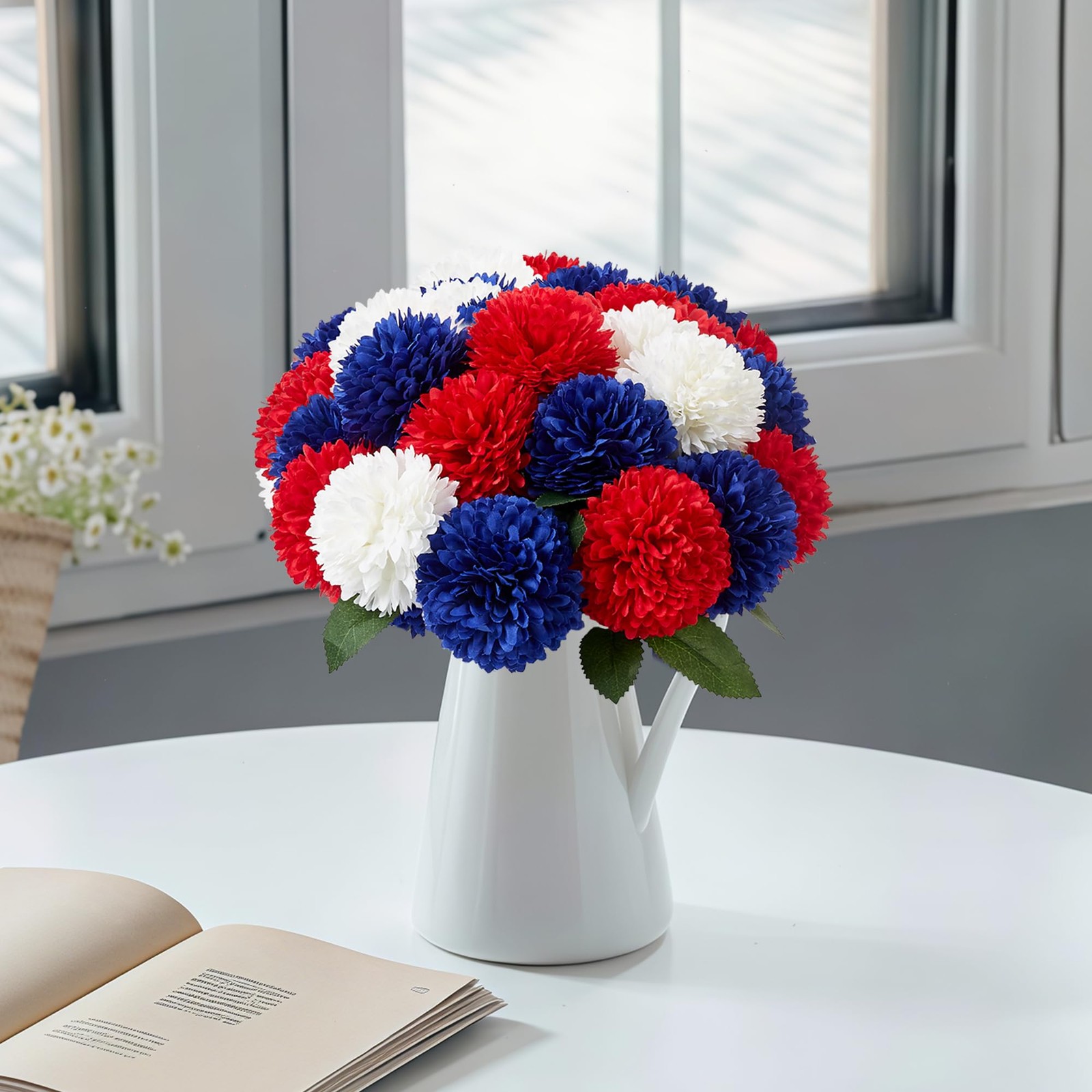 12 PCS Artificial Patriotic Chrysanthemums Red White Blue Silk Flowers