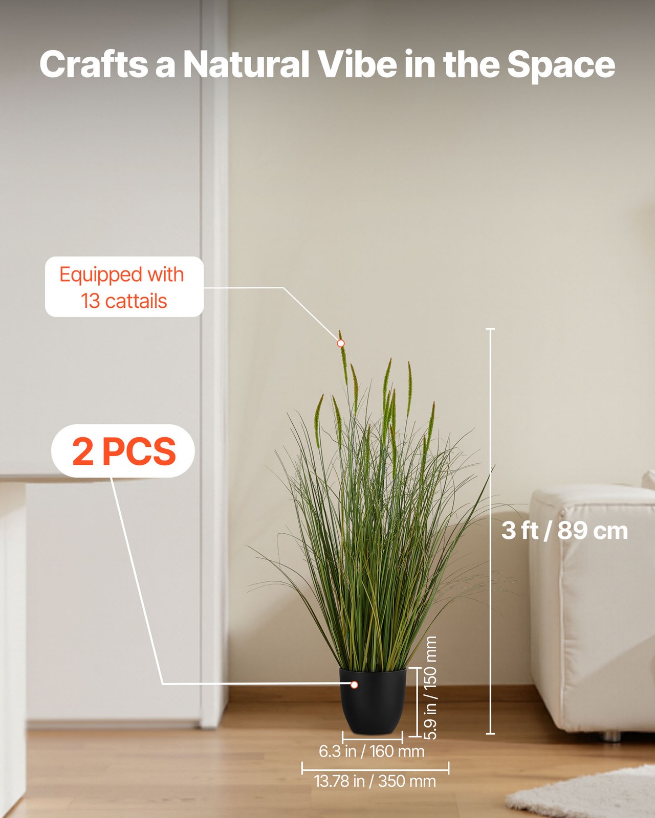 VEVOR Artificial Grass Plant 35 Inch Cattail Grass In Pot 2 Pack Green