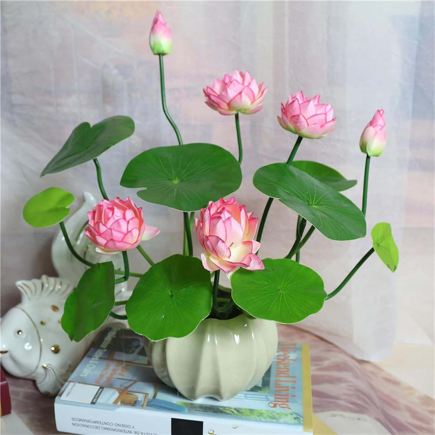 2pcs Artificial Lotus Flowers with Leaves 17″ Mini Pink Fake Water Lily Bouquets