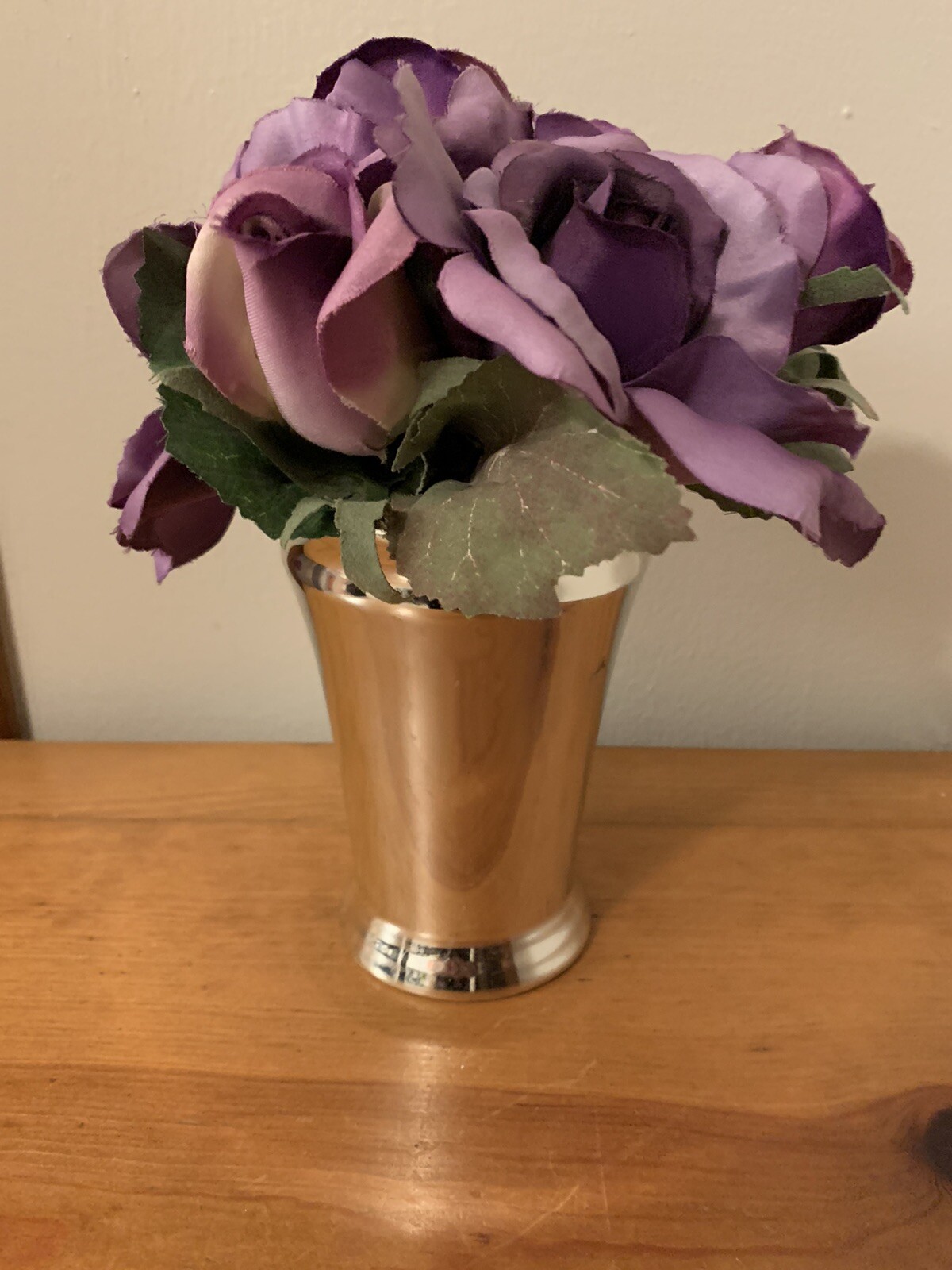 Gorgeous Roses in Mint Julep Cup 8” X 6” Shades Of Lilac, Violet, & Purple
