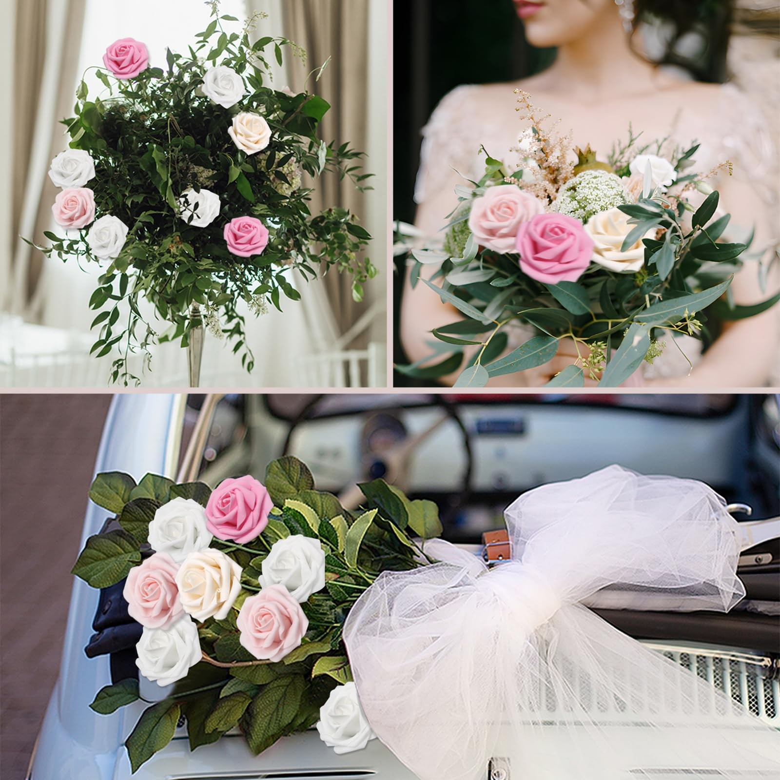 100 PCS Pink Artificial Flowers Roses Foam Fake Leaves Wedding Bridal Party