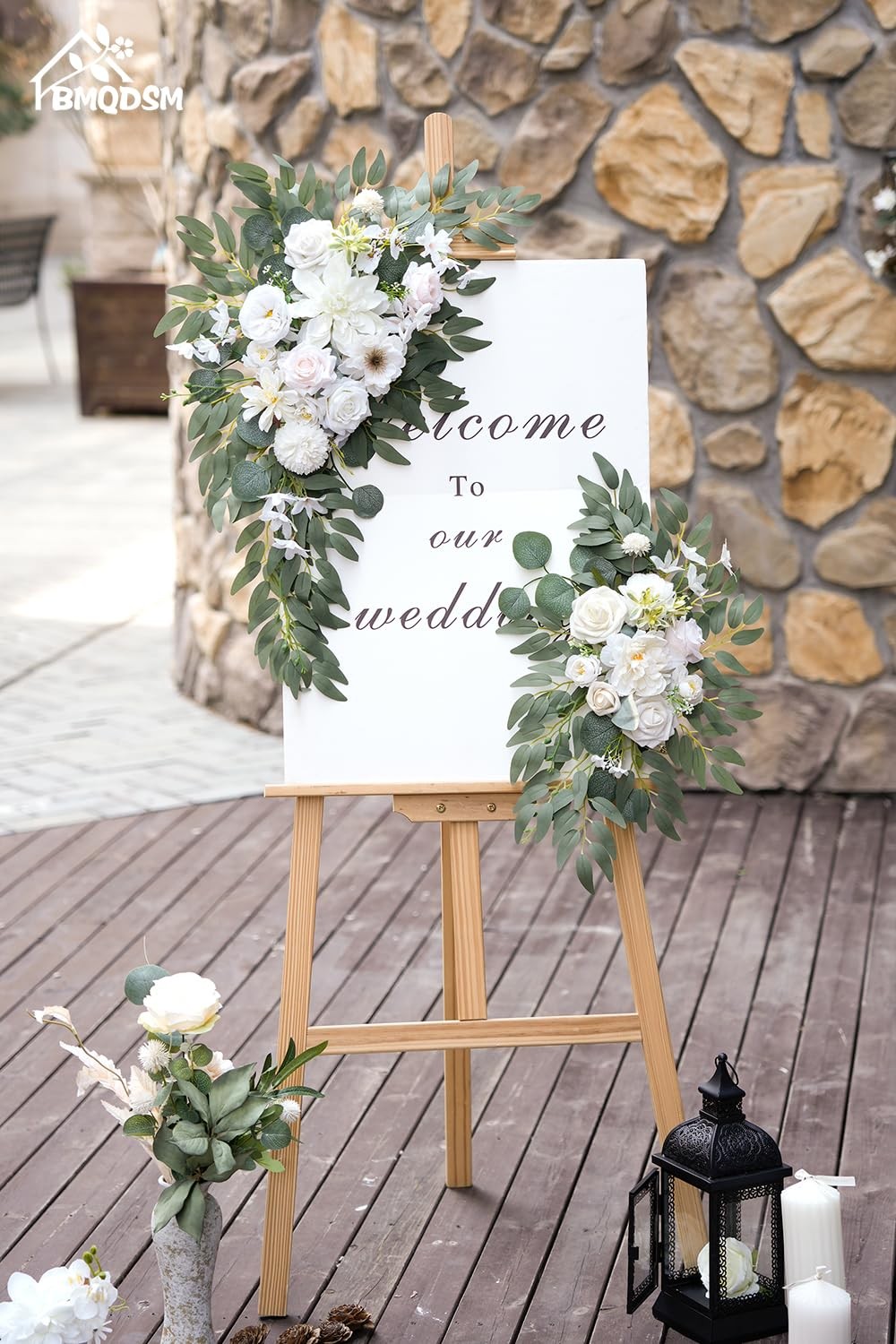 2 PCS Wedding Arch Faux Flowers Set Welcome Sign Decor Ceremony Backdrop White