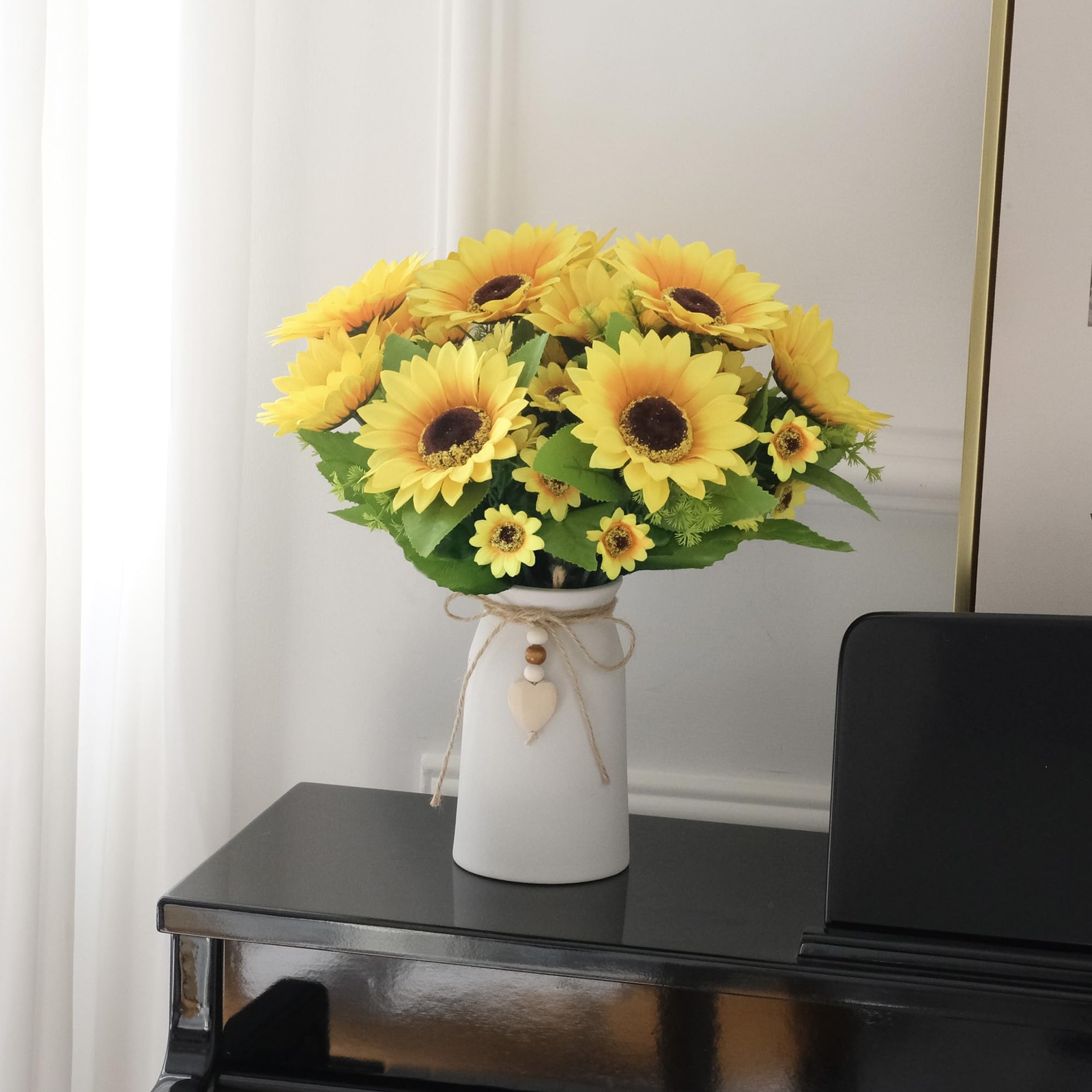 Sunflower Arrangement Cream Vase Silk Flowers Jute Rope Heart Table Decor