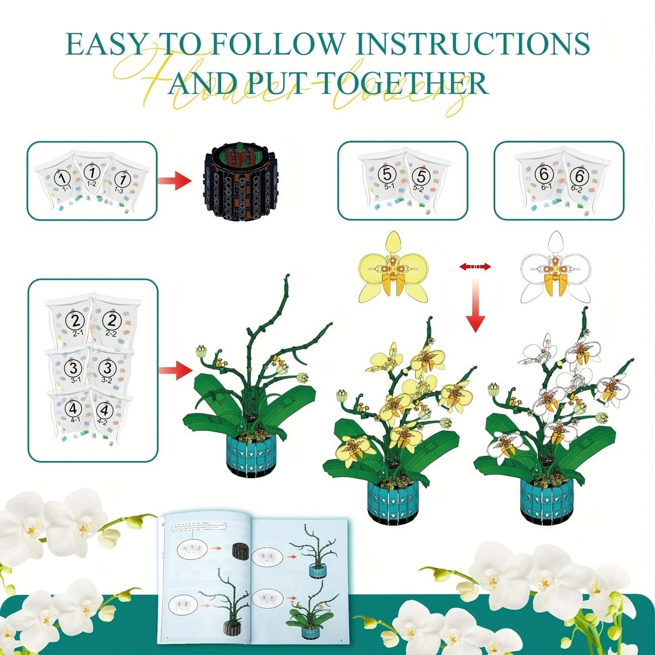 Orchid Flower Building Kit for Adults and Kids 986PCS, Orchid Bonsai Building
