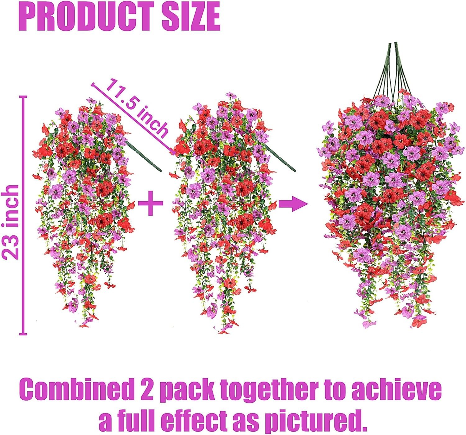 Artificial Fake Hanging Flowers Plants for Outdoor Outside 2PCS Hot pink-Magenta