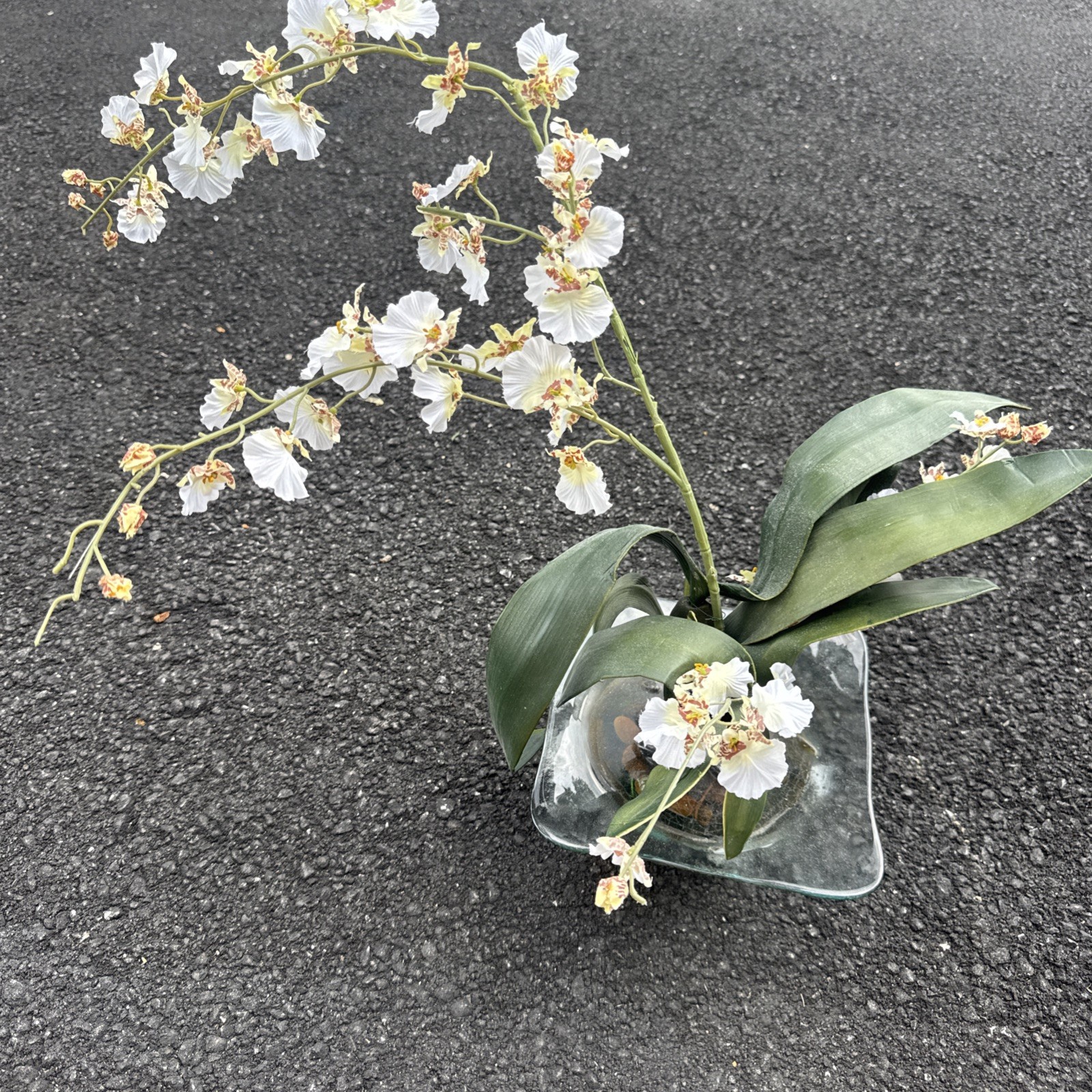 Artificial Orchids for Home Decor Indoor Clear Glass Vase With Added Rocks