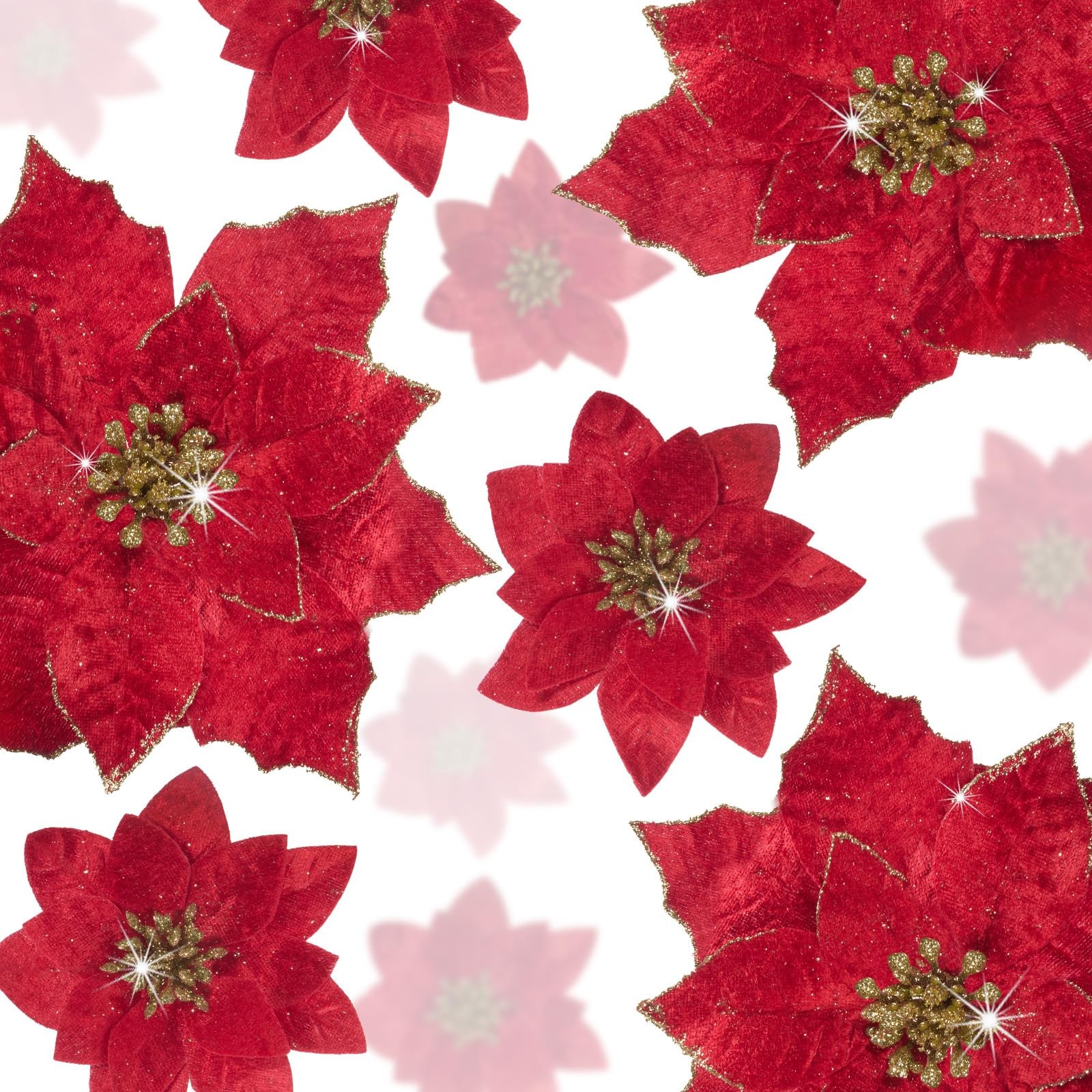 18 PCS 3 Size Velvet Glitter Christmas Poinsettia Flowers Artificial Clips Red