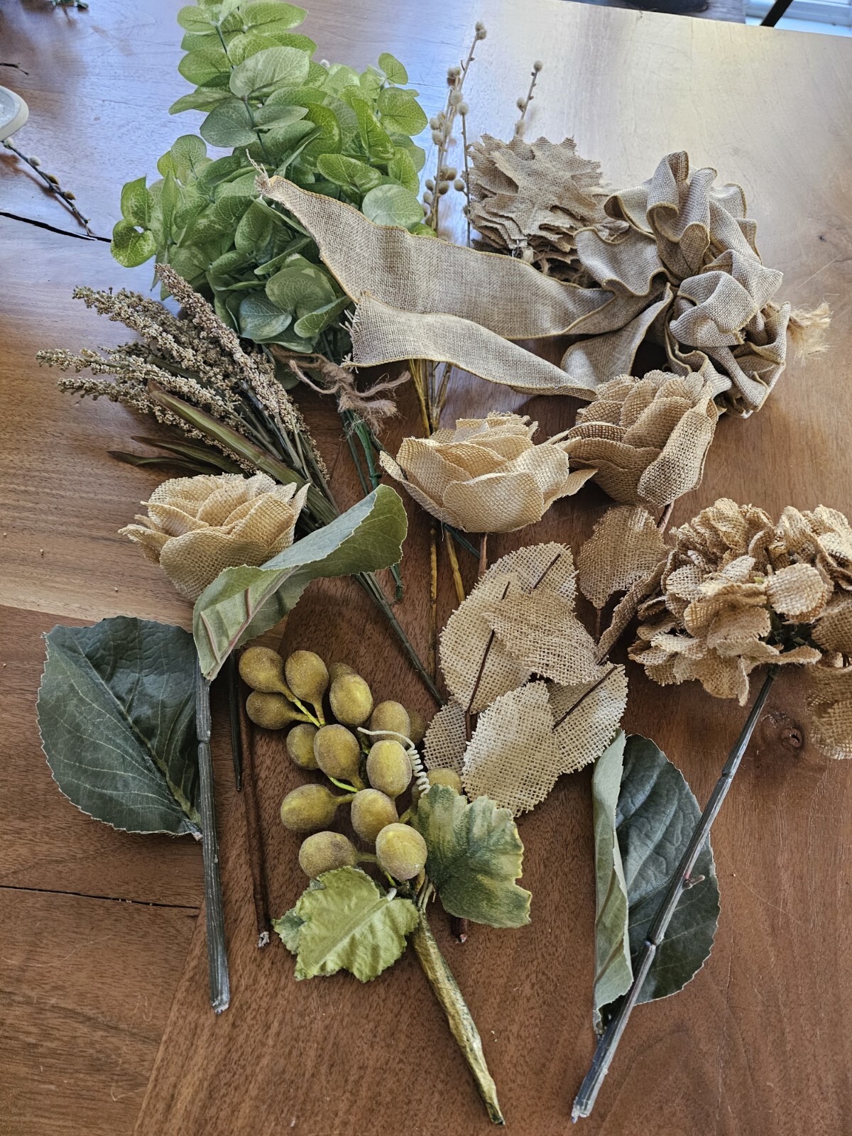 Burlap Hydrangea Roses Leaves Faux Eucalyptus Bushes Stems DIY Bundle Lot
