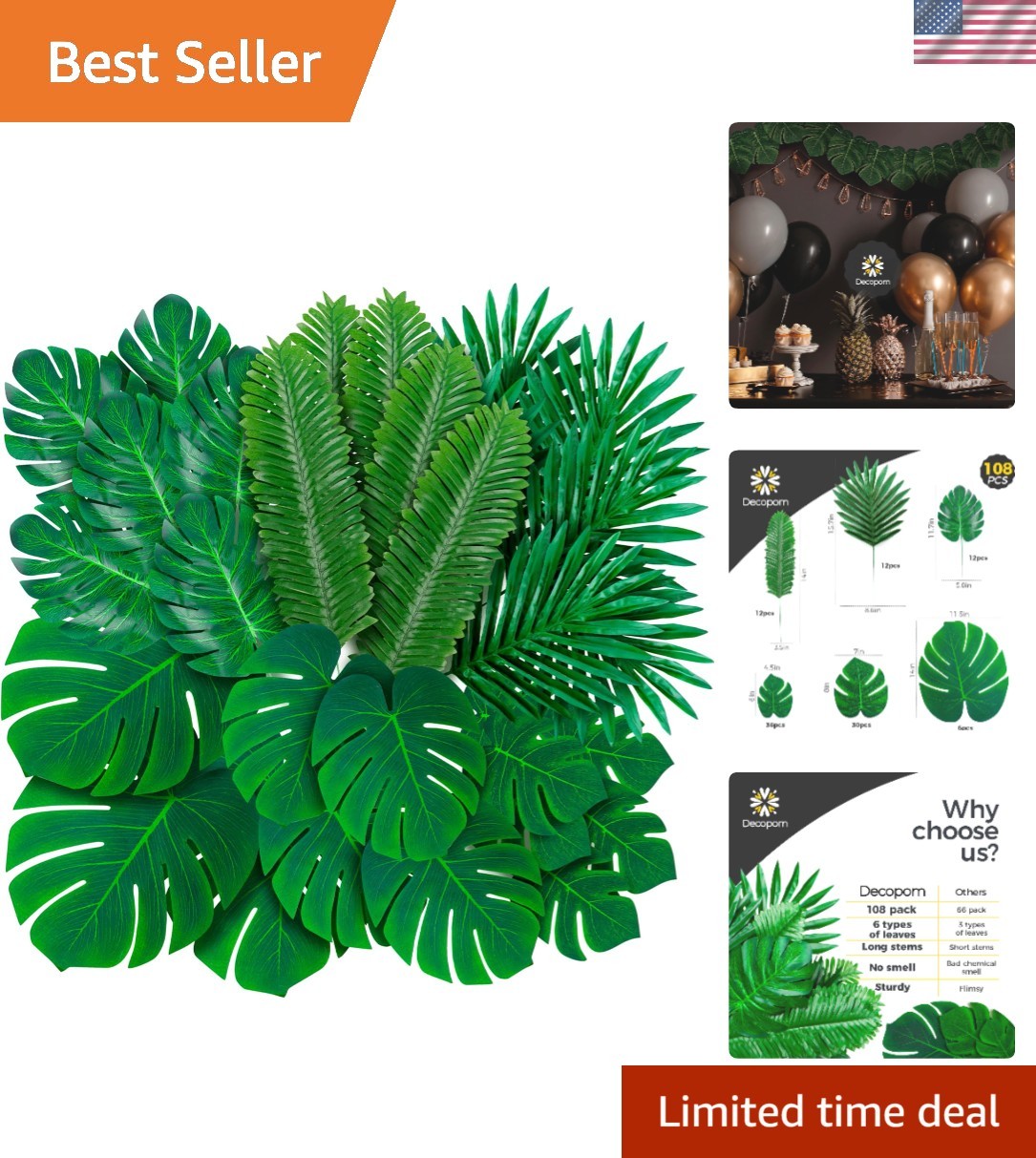Durable 108 Pack Silk Palm Leaves for All Occasion Decorations & DIY Projects
