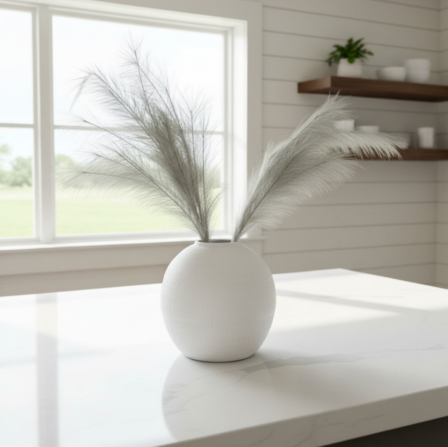 Set of 3 Faux Gray Feather Pampas Stems Coastal Farmhouse Rustic Styles 38″H