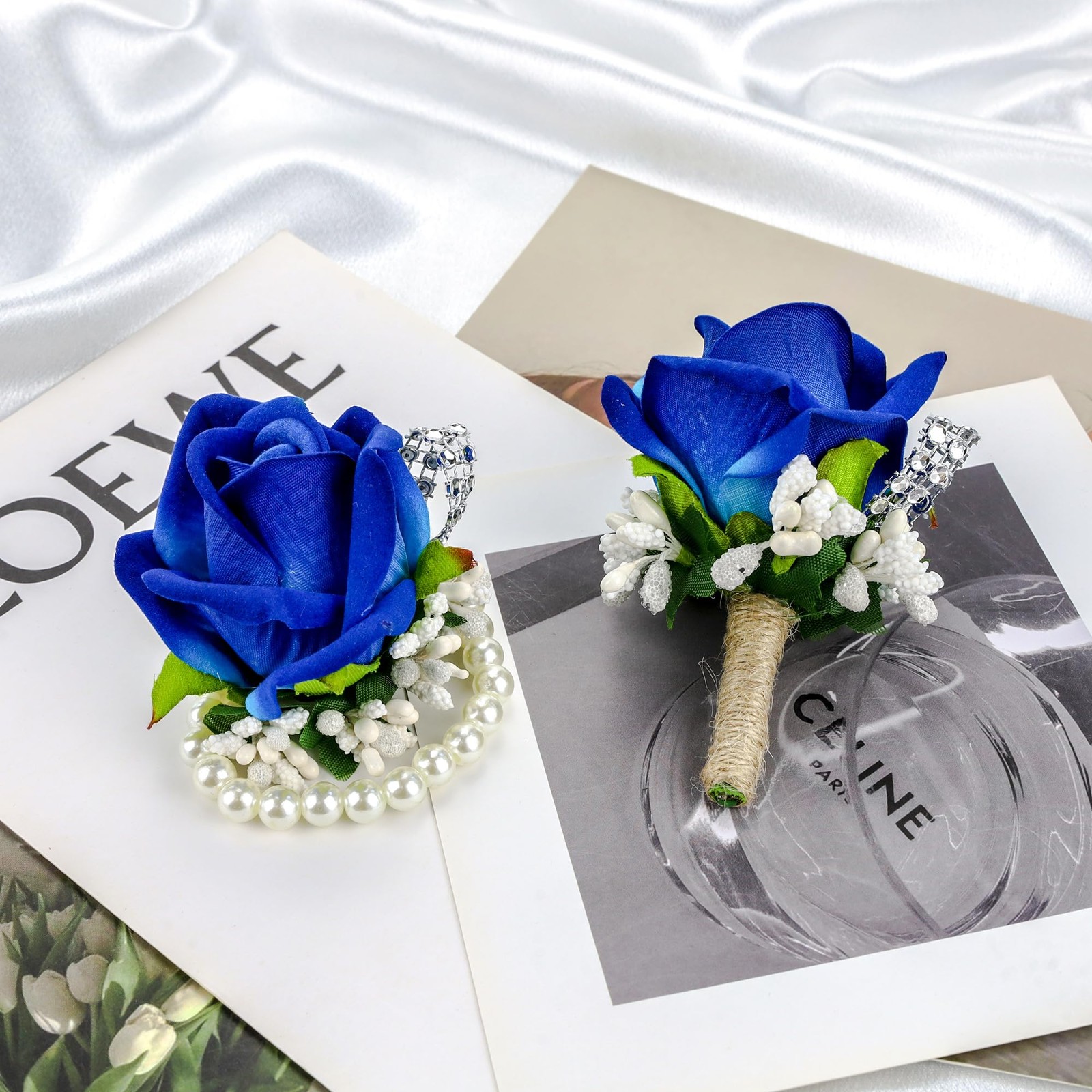 2 PCS Blue Corsage Boutonniere Set Wristlet Prom Decor Men Wedding Flowers