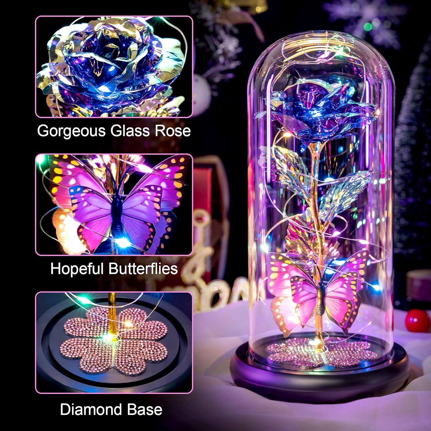 Galaxy Glass Rose in Glass Dome with Butterfly Purple Gift for Her