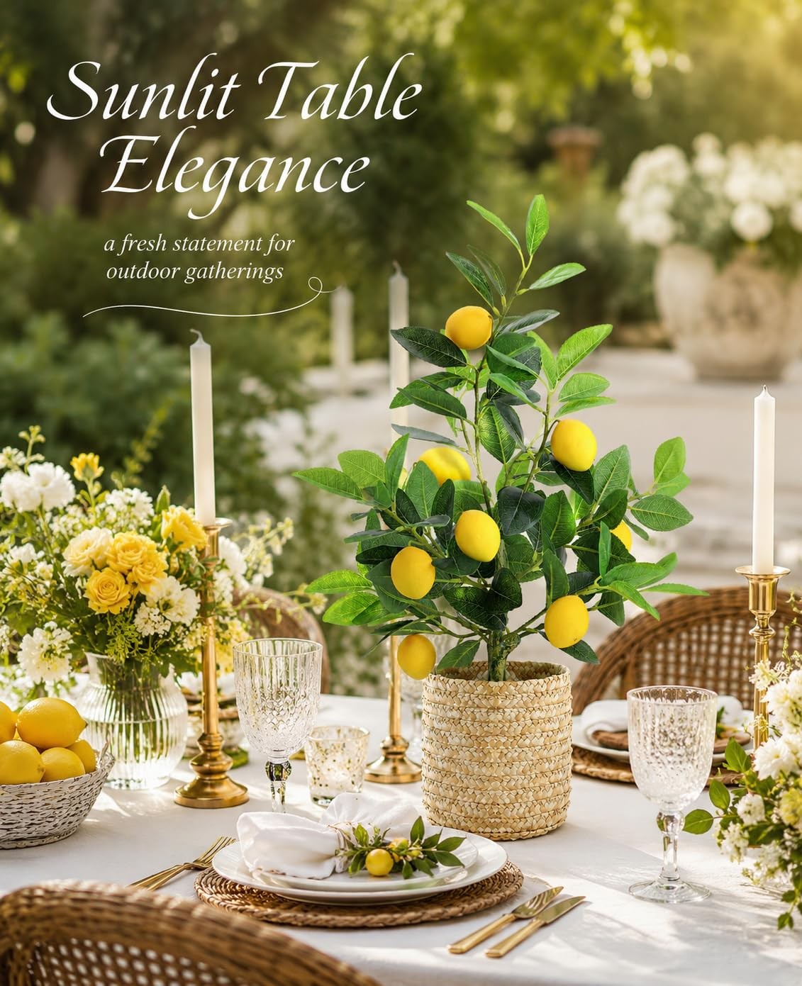 Artificial Lemon Tree with Woven Basket, Faux Lemon Decor for Kitchen and Hom…
