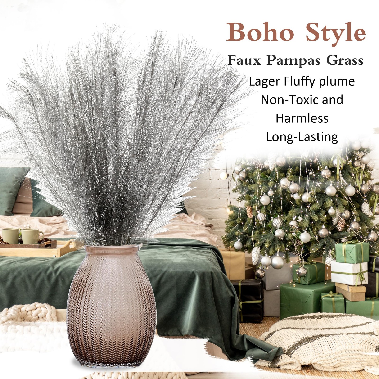 Silver Pampas Grass Decor, 30 Pcs 17″ Faux Pampas Grass Short Decor, Pompas G…