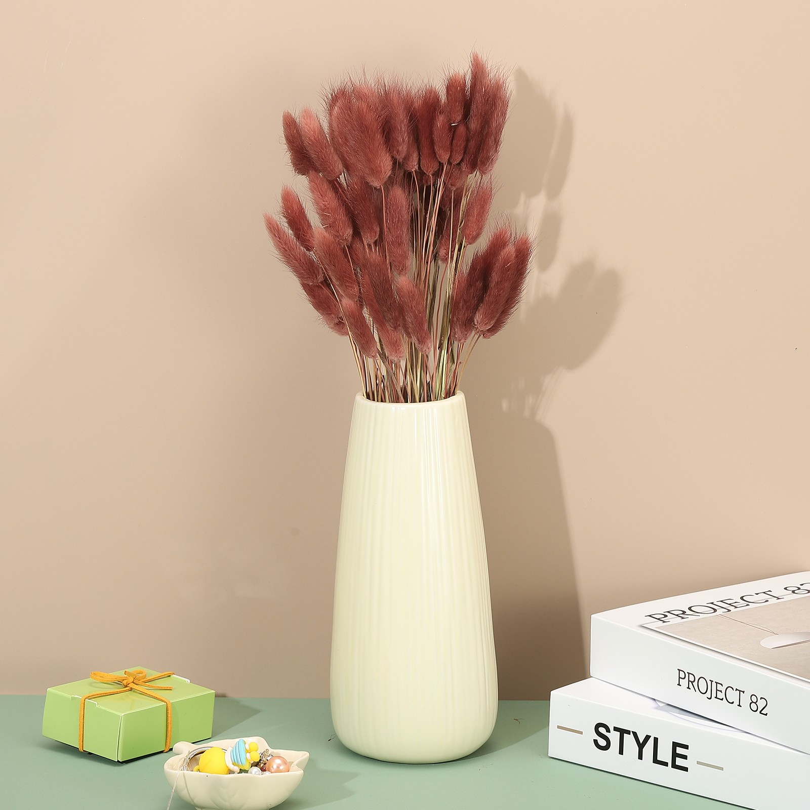 15.7in Bunny Tails Dried Flowers 70pcs Pampas Grass Decor, Brown Red