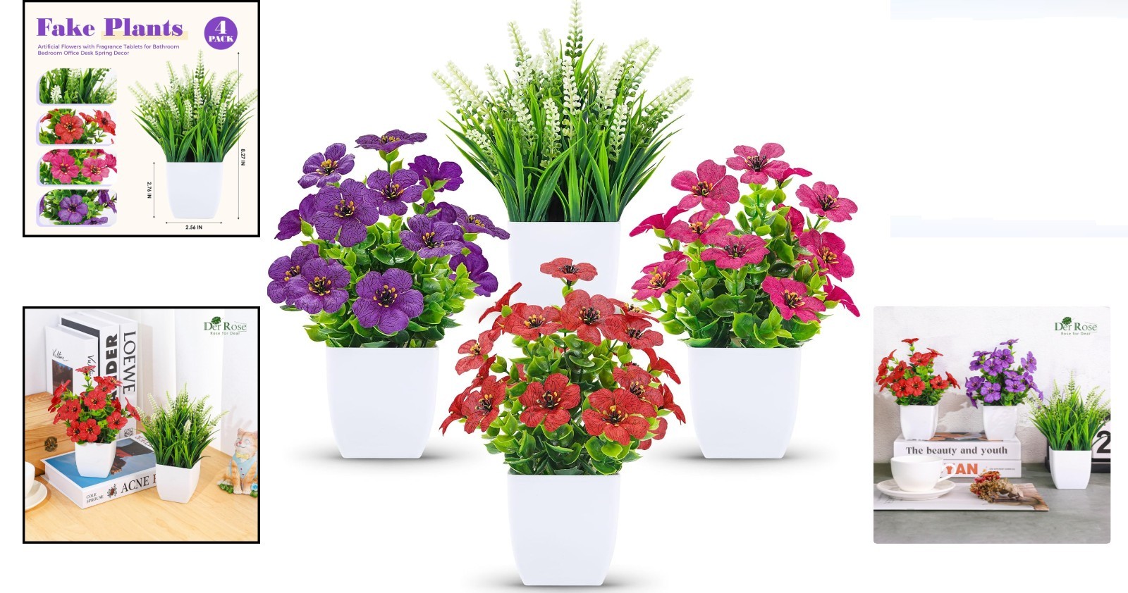 Fake Plants 4 Pack Small Artificial Flowers in White Pots for Desk Bathroom S…