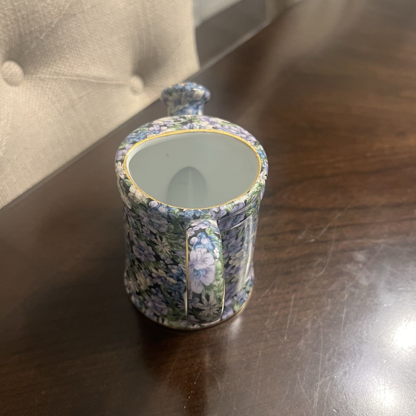 Porcelain Watering Can Two’s Company Mollie Blue Purple Chintz Floral Gold 4”