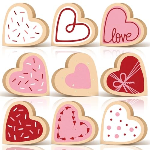 9 Pcs Valentine’s Day Wooden Heart Signs Valentines Tiered Tray Decor 6 Cookie
