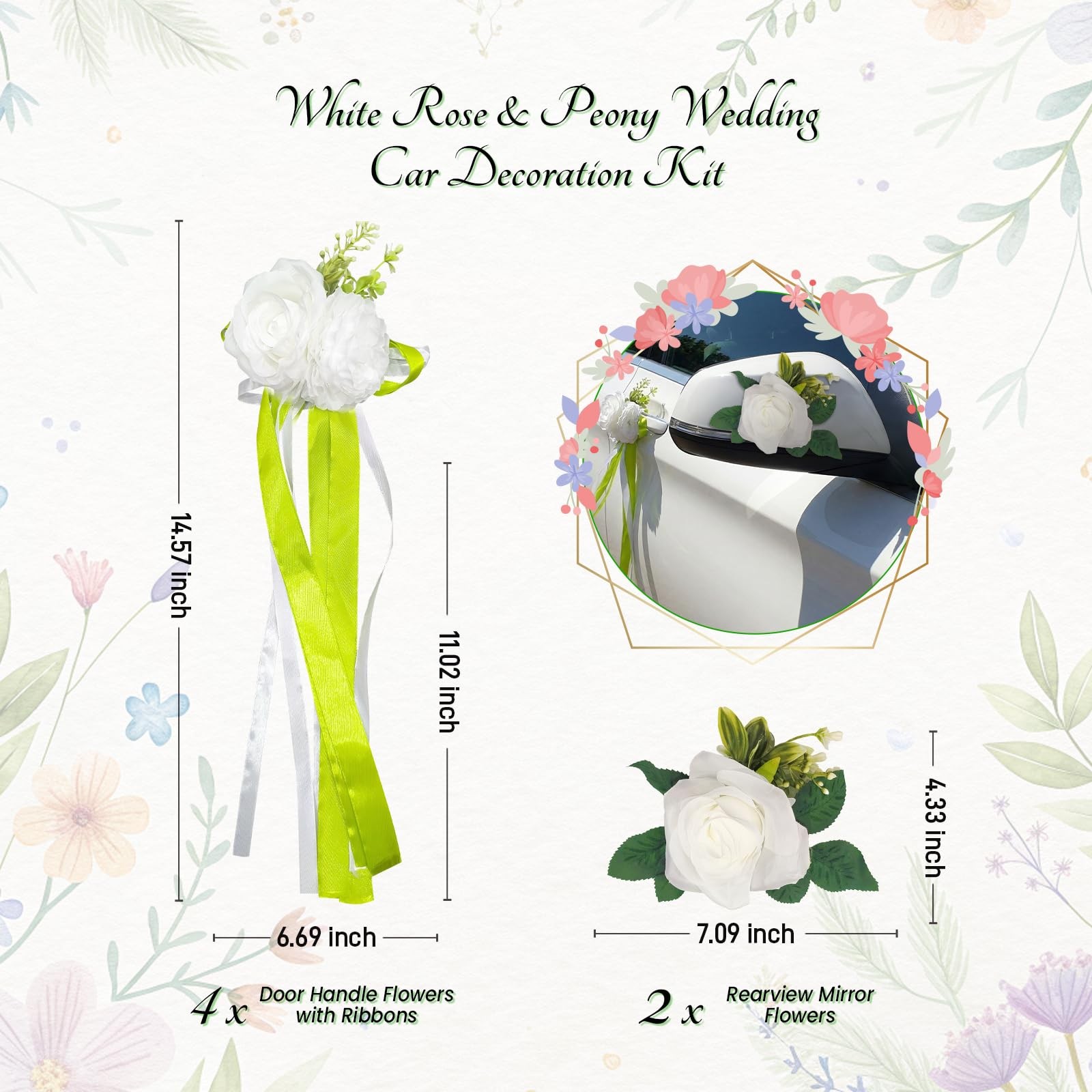 6 PCS White Rose Peony Wedding Car Decor Kit Floral Door Mirror Bows Green