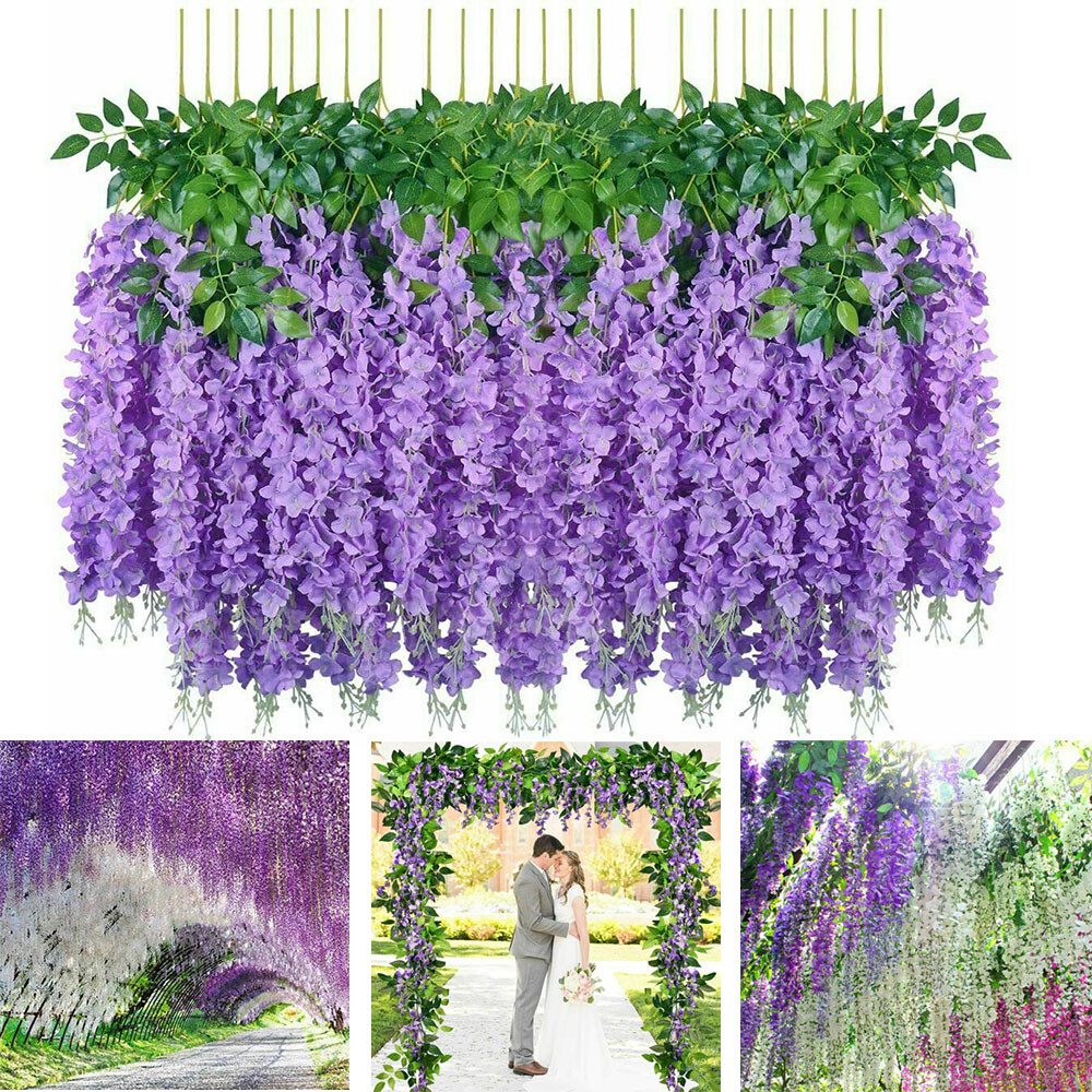 12PCS Artificial Fake Wisteria Vine Ratta Hanging Garland Silk Flowers Decor