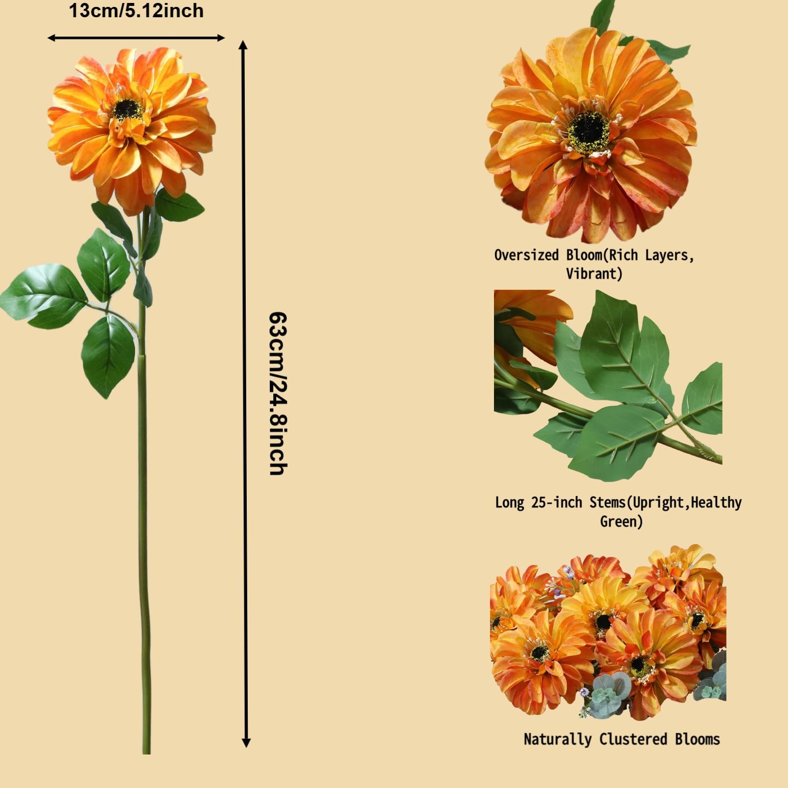 Crisantemo artificial de seda, flores de zinnia naranja de 60 cm (24 pulgadas)