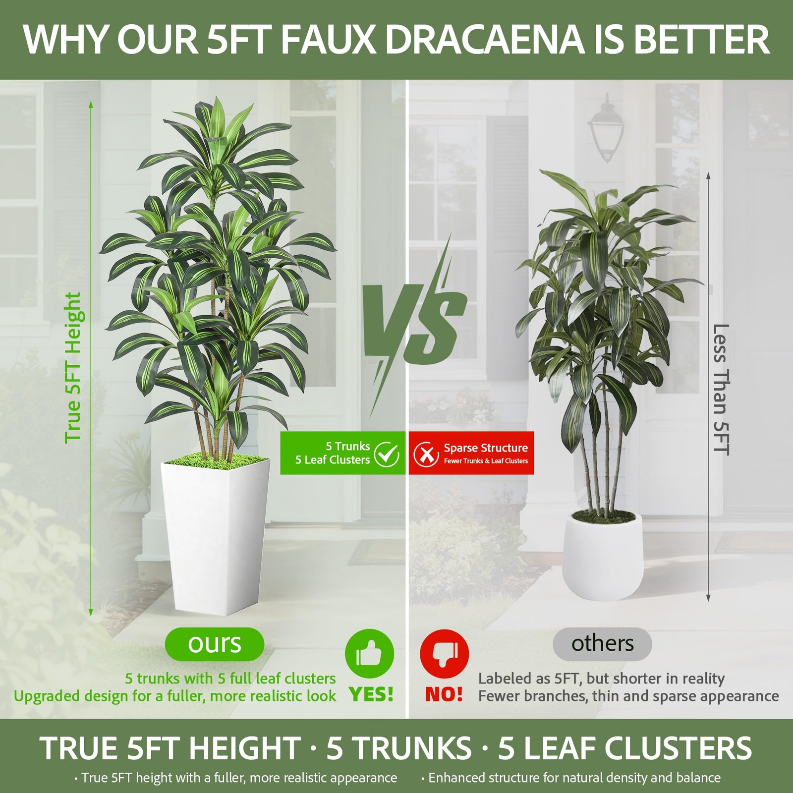 Dracaena Artificial Plant, 5FT Tall Artificial Plants Indoor Dracaena Tree in…
