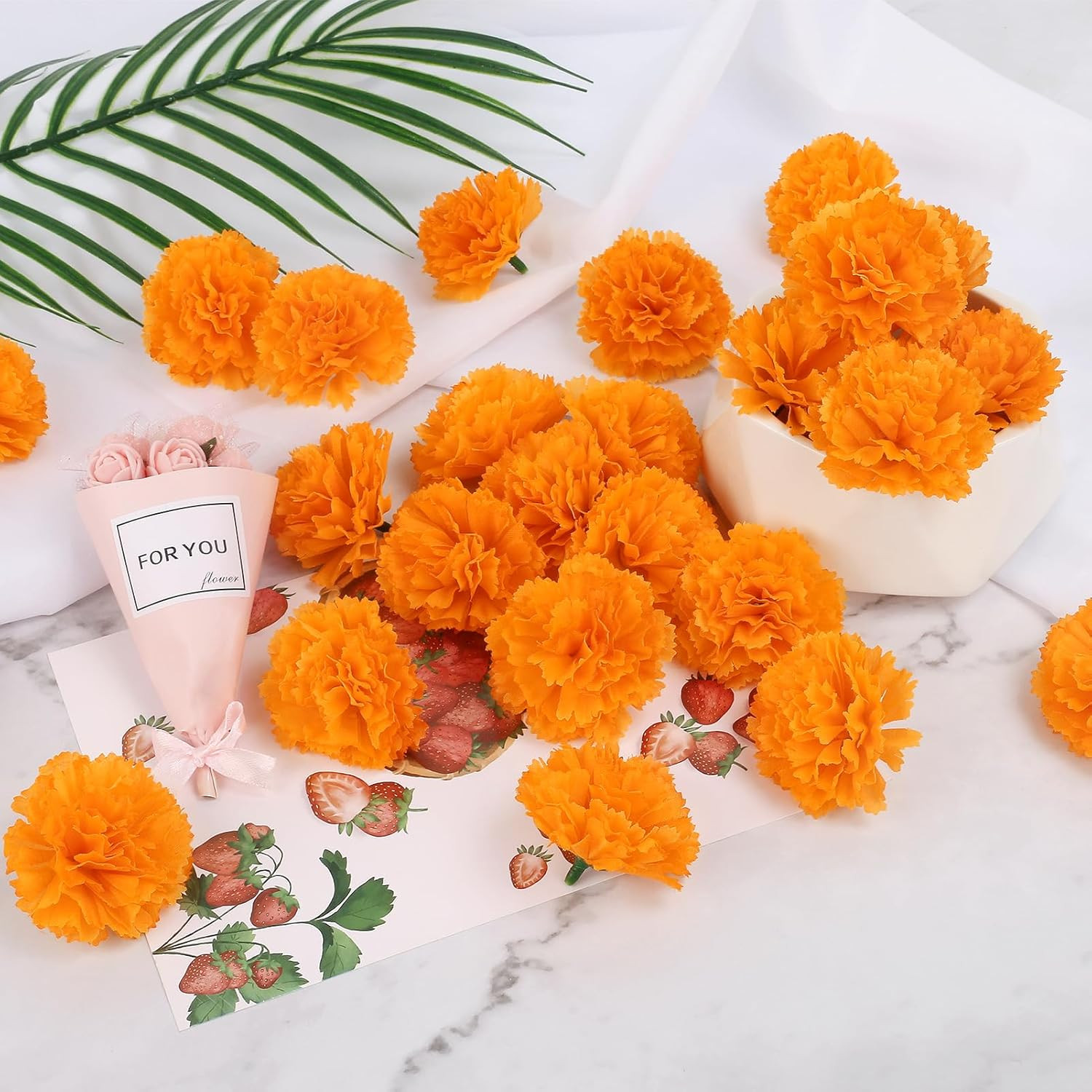 50 Pcs Artificial Marigold Flowers,2″ Silk Marigold Flower Heads with Stems,Oran