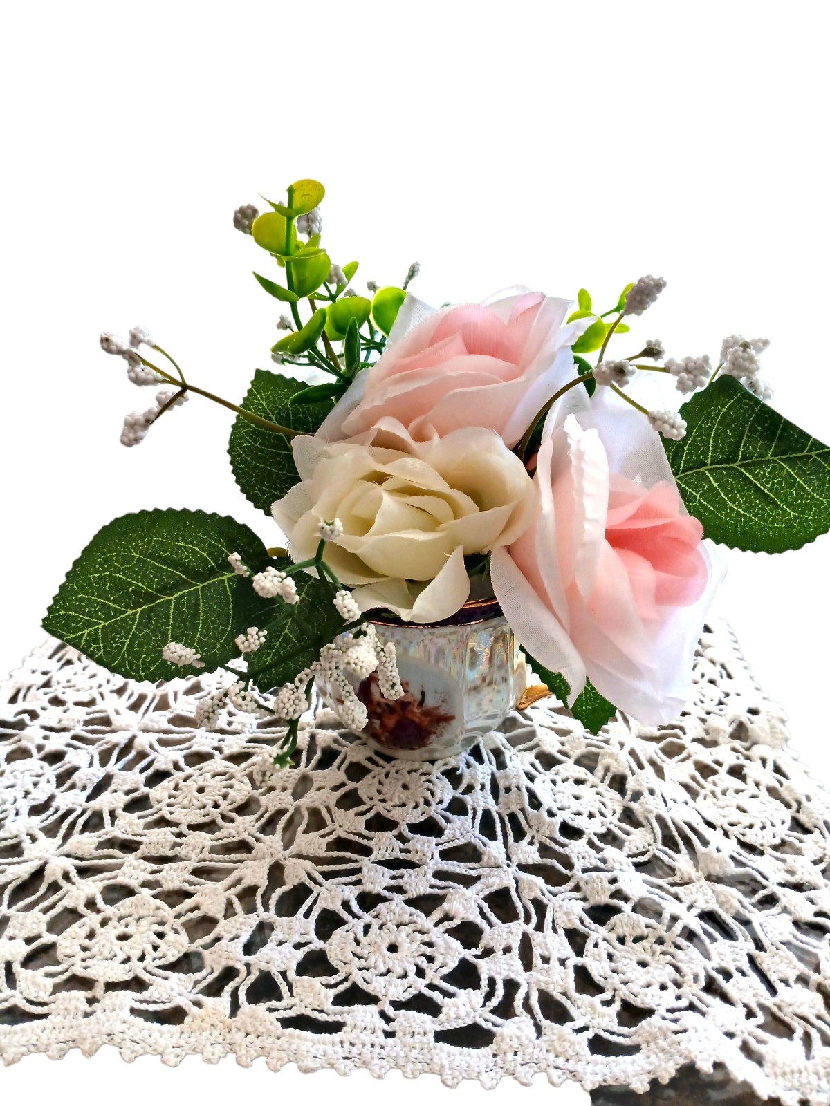 Silk Floral Arrangement Dainty Pink Roses Leaf Tea Party Cup POP-IN Love Romance