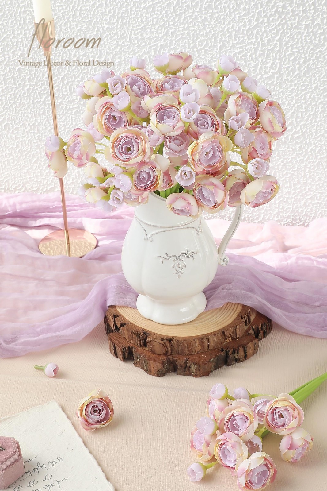 18 PCS Ranunculus Artificial Flowers Lilac Faux Silk Mini Bulk Fake Filler