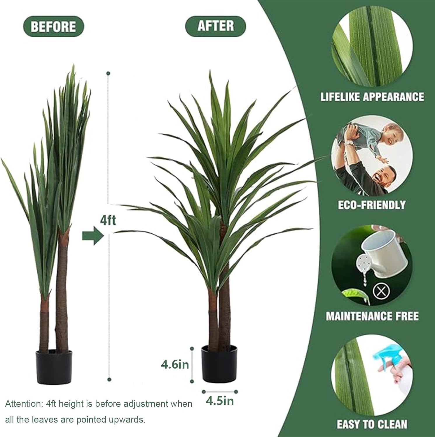 Dracaena Indoor Plant 4ft Tall Faux Plants Large Fake Potted Yucca Tree Tropical