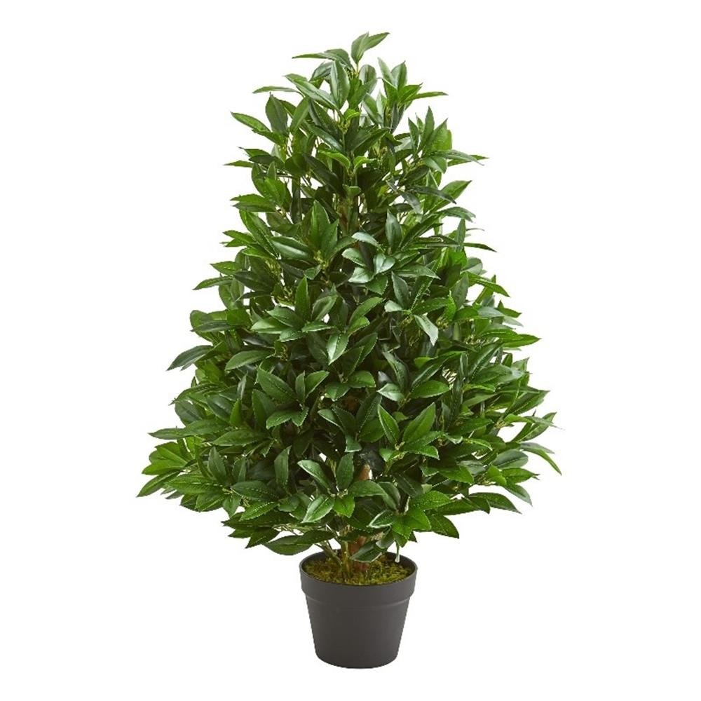 Indoor/Outdoor 36″ Bay Leaf Artificial Topiary Tree UV Resistant in Green/Black