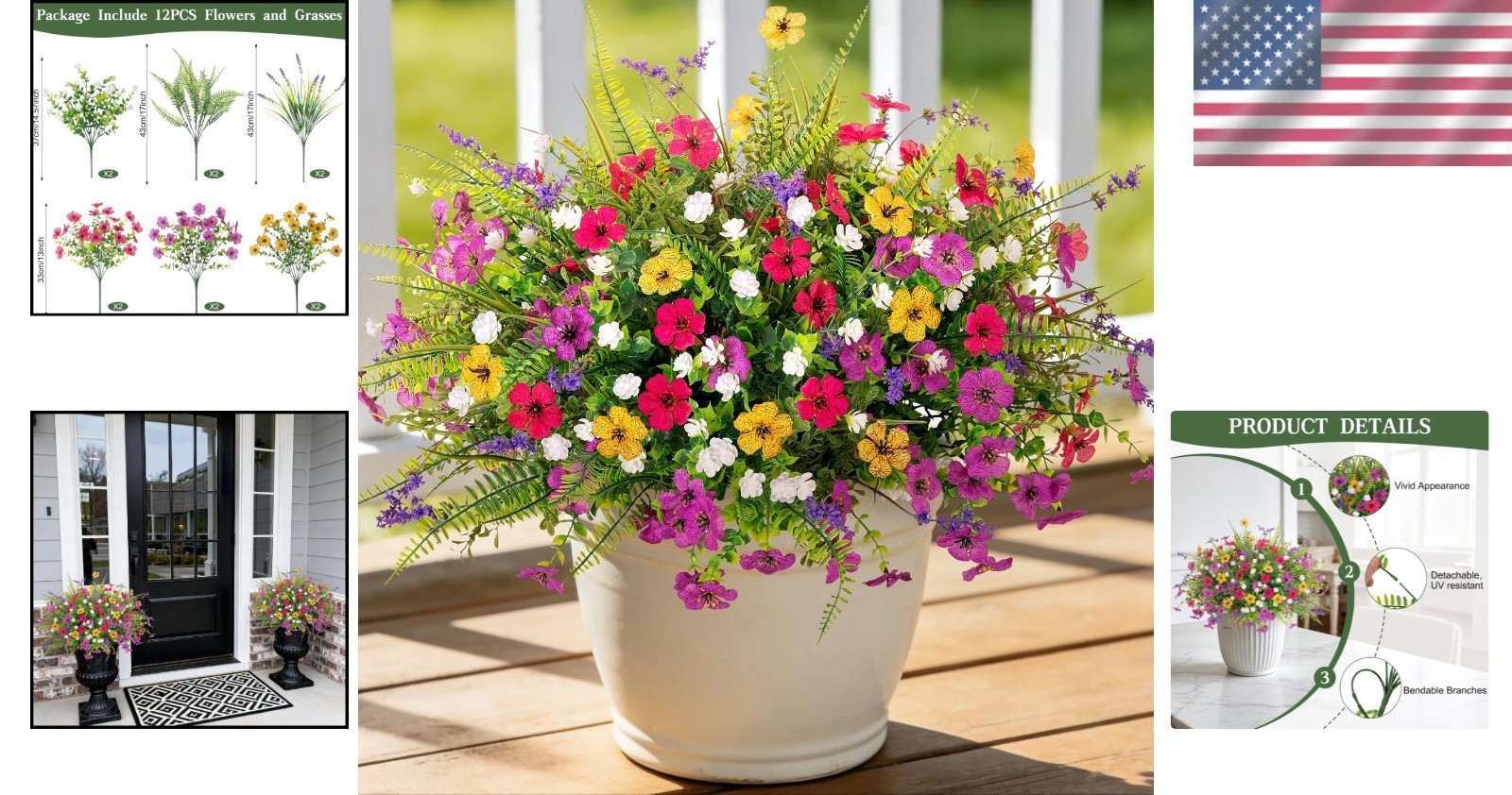 Low Maintenance Outdoor Decoration – 12 PCS Mixed Faux Flowers & Ferns