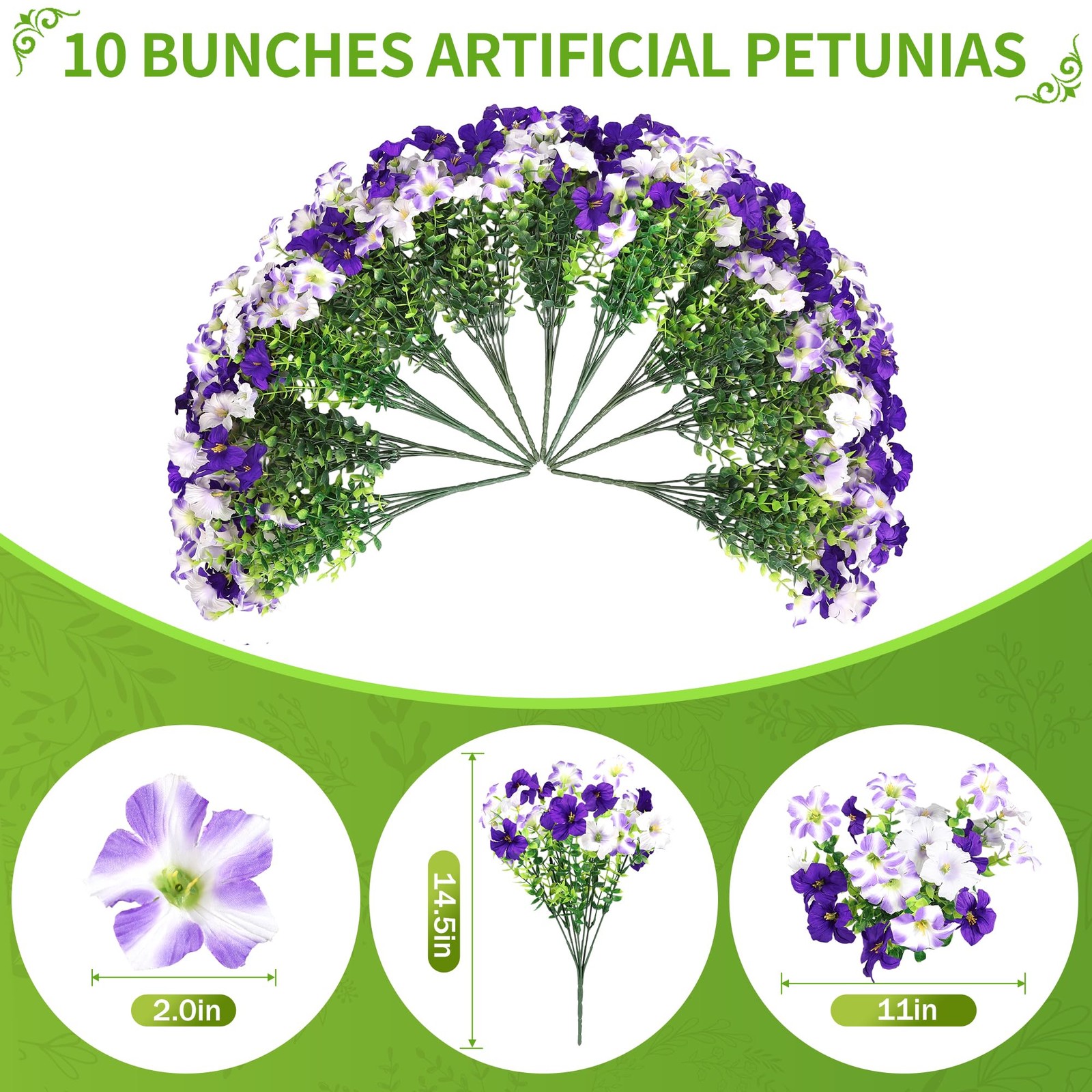 10 Bundles White Purple Flowers Artificial Petunias, 18″ Large Headed Faux Pe…