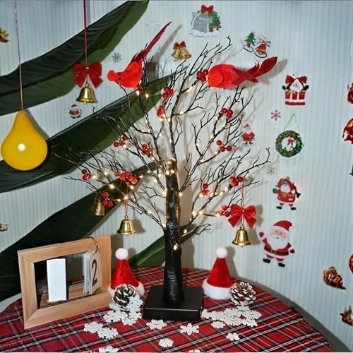 Set of 2 Vintage Glowing Trees with Cardinals, Dual Power USB/Battery Operate…