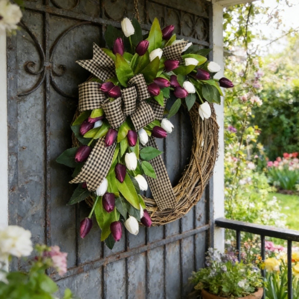 35cm Purple Tulip Wreath on Natural Rattan Base Spring Floral Home Decor