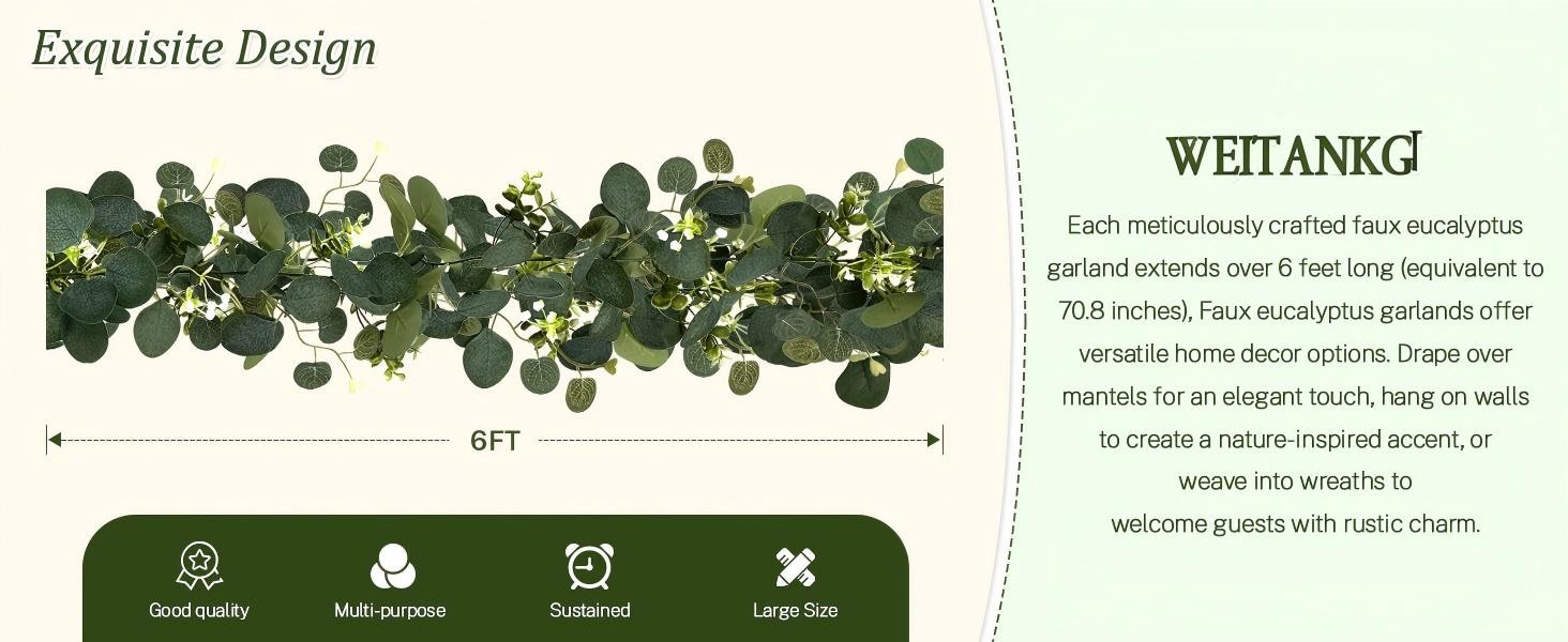 Eucalyptus Garland, 8Pcs 6FT Green Flower Garland Decor, Spring Summer