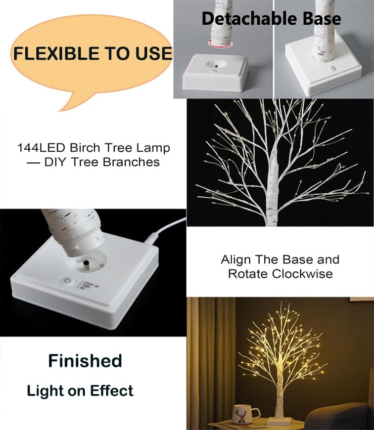 2FT Fairy Birch Tree with 144 Lights Artificial Tree Lamp with Timer for East…