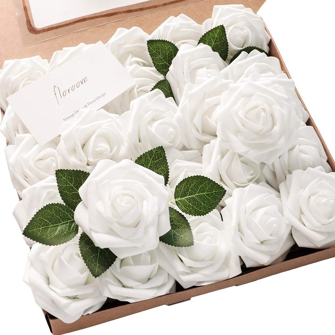 Artificial Flowers 25pcs Real Looking White Foam Fake Roses with Stems for DIY