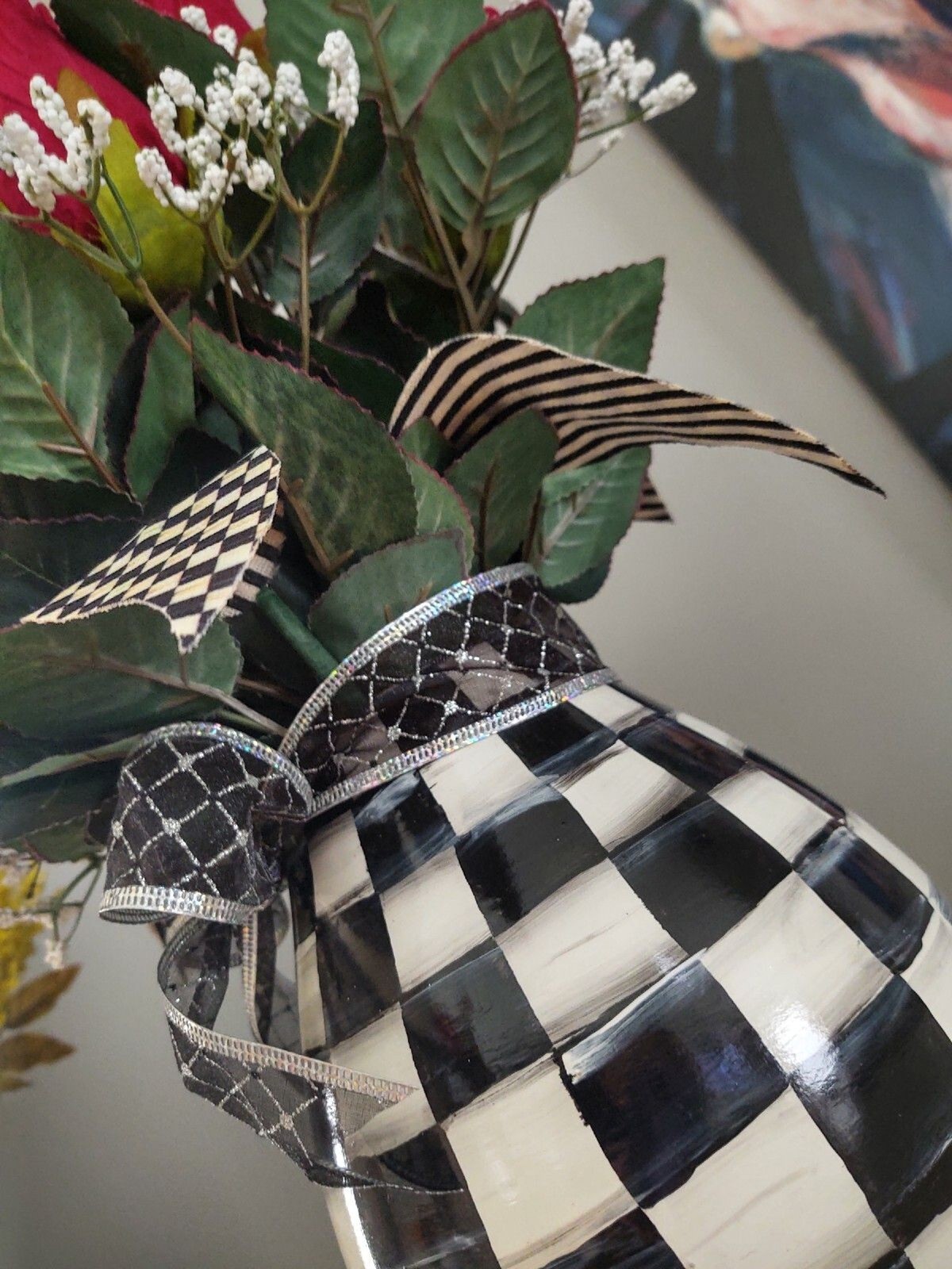 MY OWN HP Whimsical Vase & Red Rose Flowers w/ Designer Check Ribbon