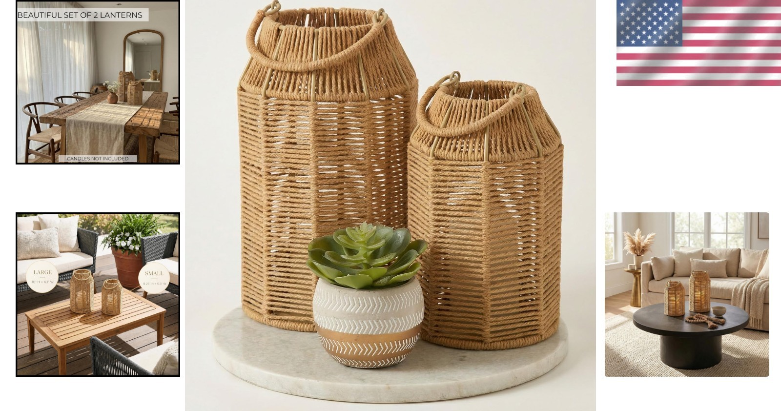 Jute Lanterns Set of 2 Boho Decor Indoor Outdoor Coffee Table Porch Lighting