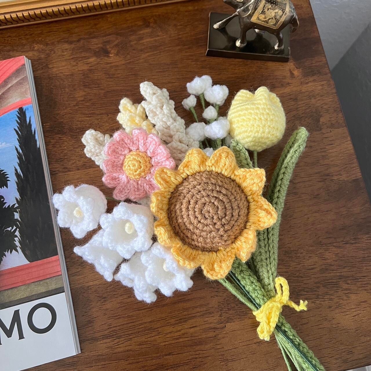 Handmade Crochet Knitted Lavender Daisy Tulip Sunflower Bell Flower Bouquet