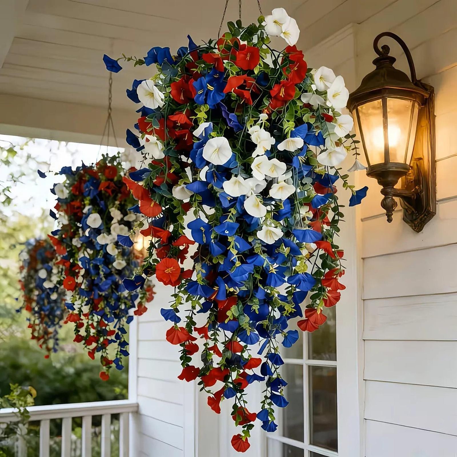 2026 Red White Blue Hanging Flowers Patriotic Faux Basket 4th July Porch Decor