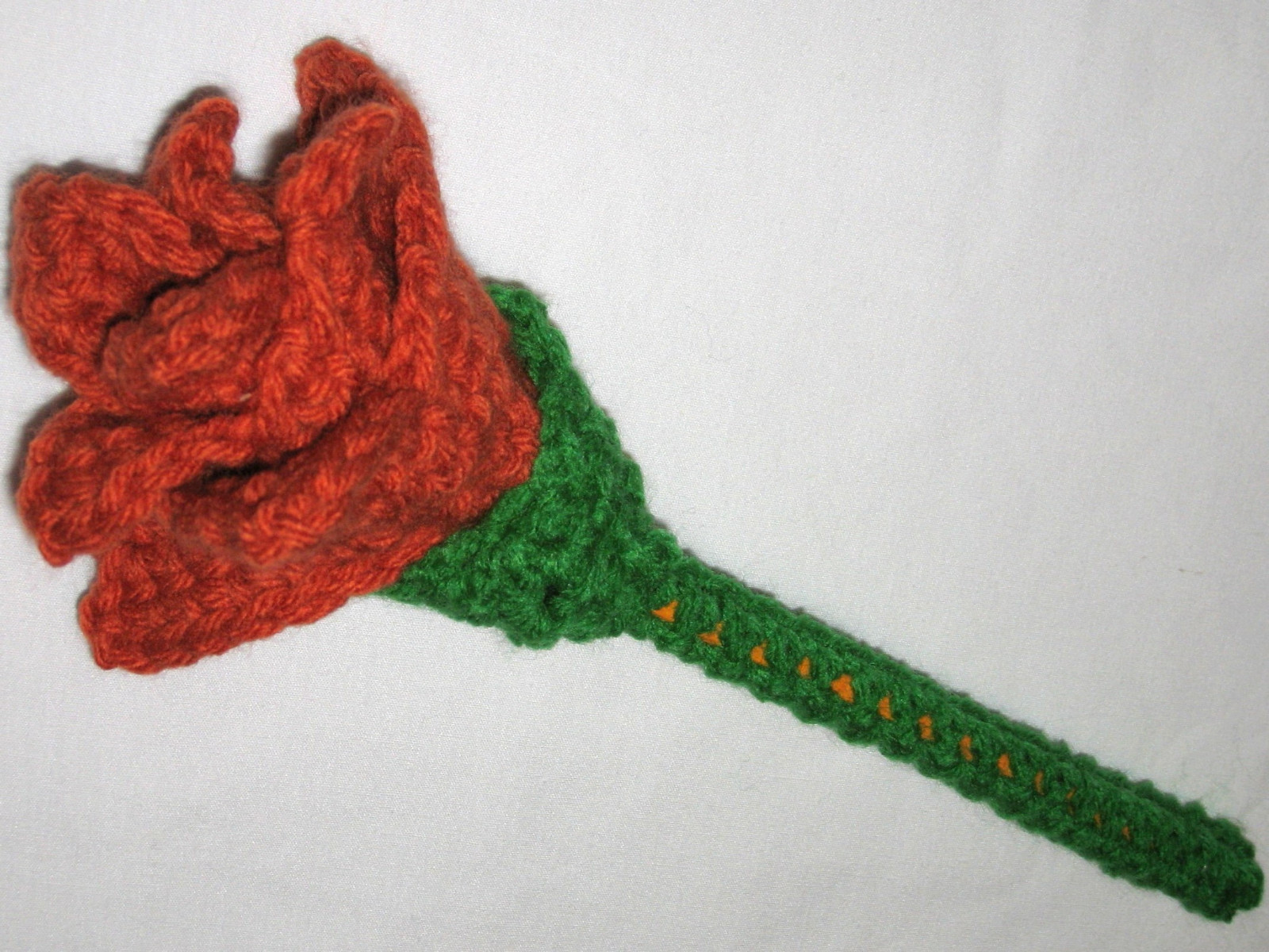 HANDMADE Knit CROCHETED Long GREEN Stem ORANGE ROSE Flower FLORAL Decor APPLIQUE