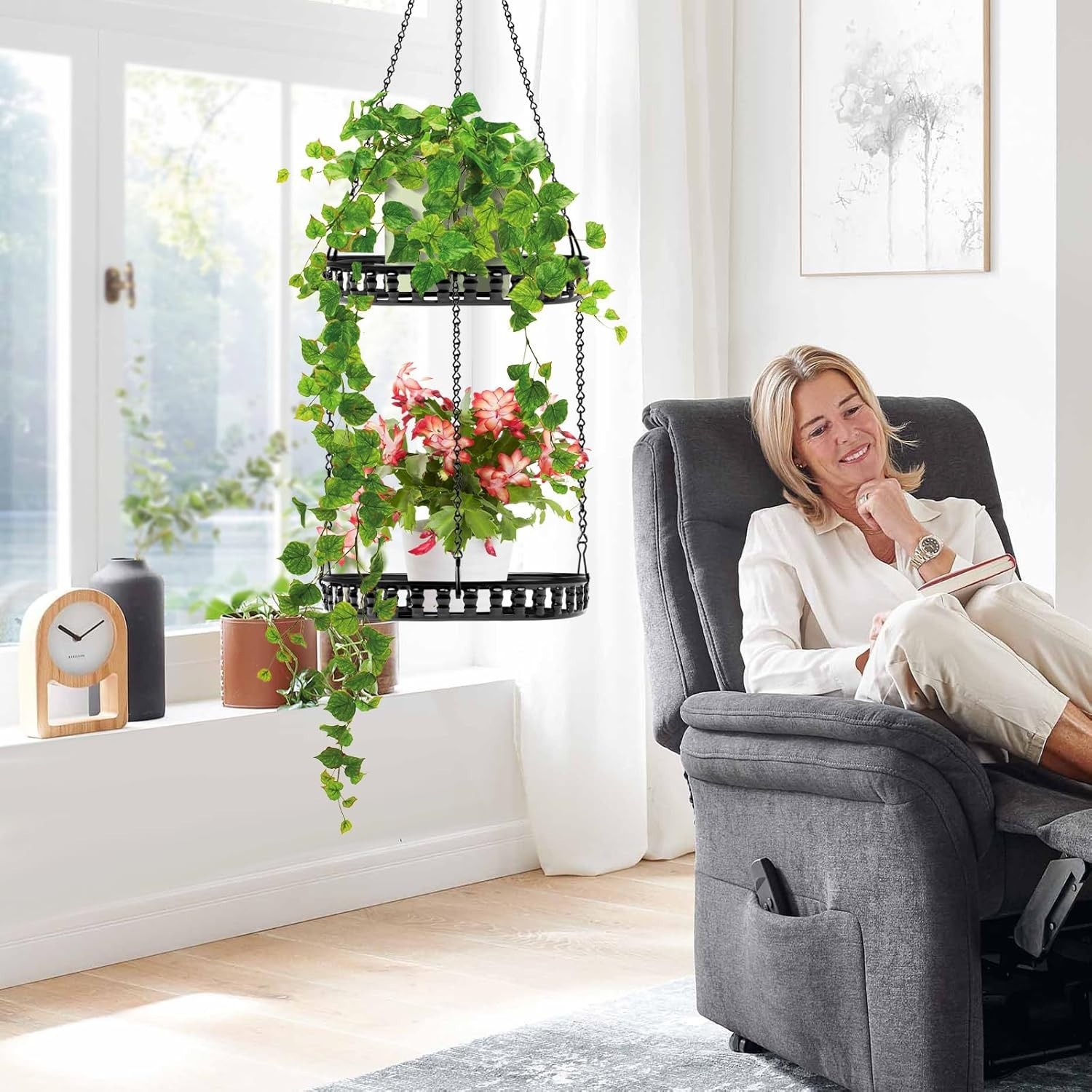 Plant Hanger Indoor Outdoor, 2 Tier Hanging Planter Plant Shelf, Metal Hanging..