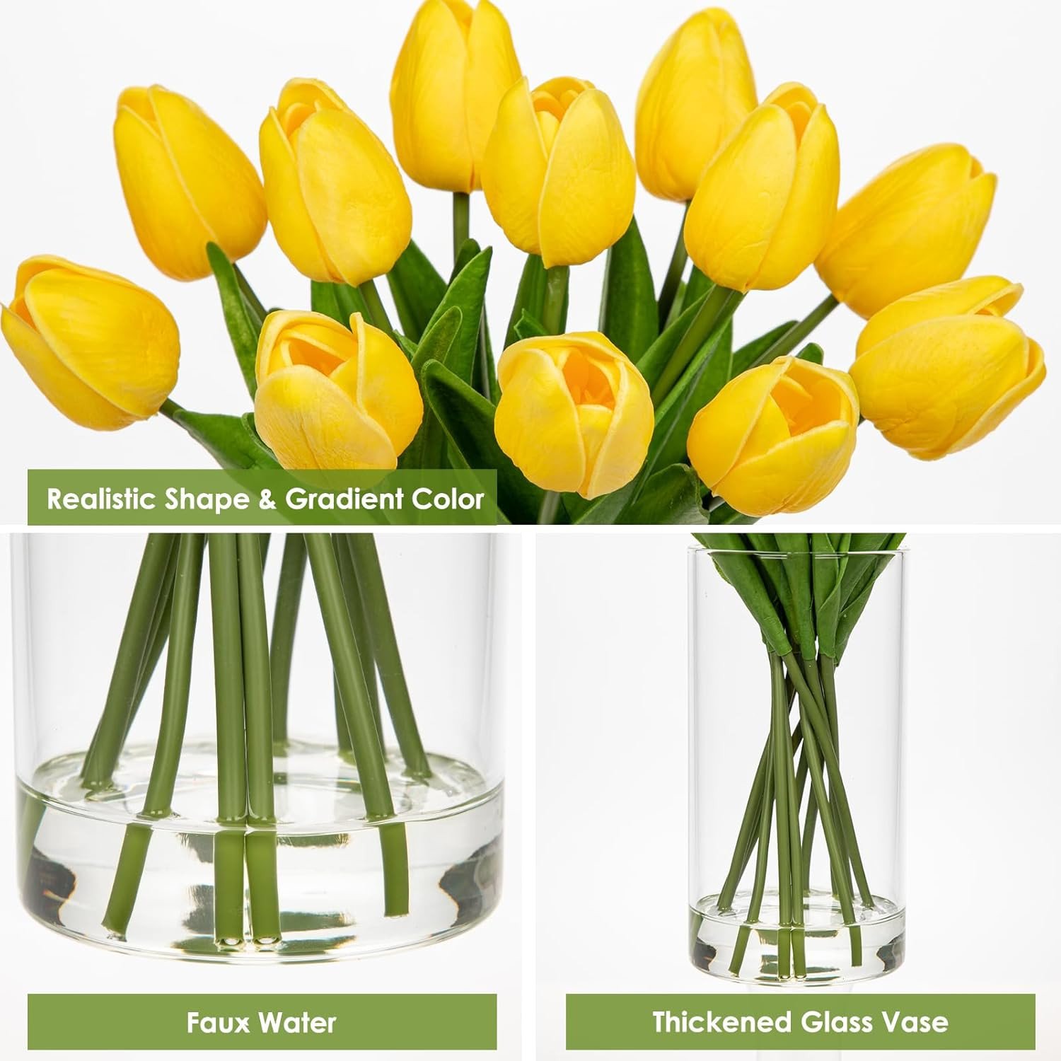 12 Pcs Artificial Real Touch Tulips Flowers in Glass Vase with Faux Water, Tulip