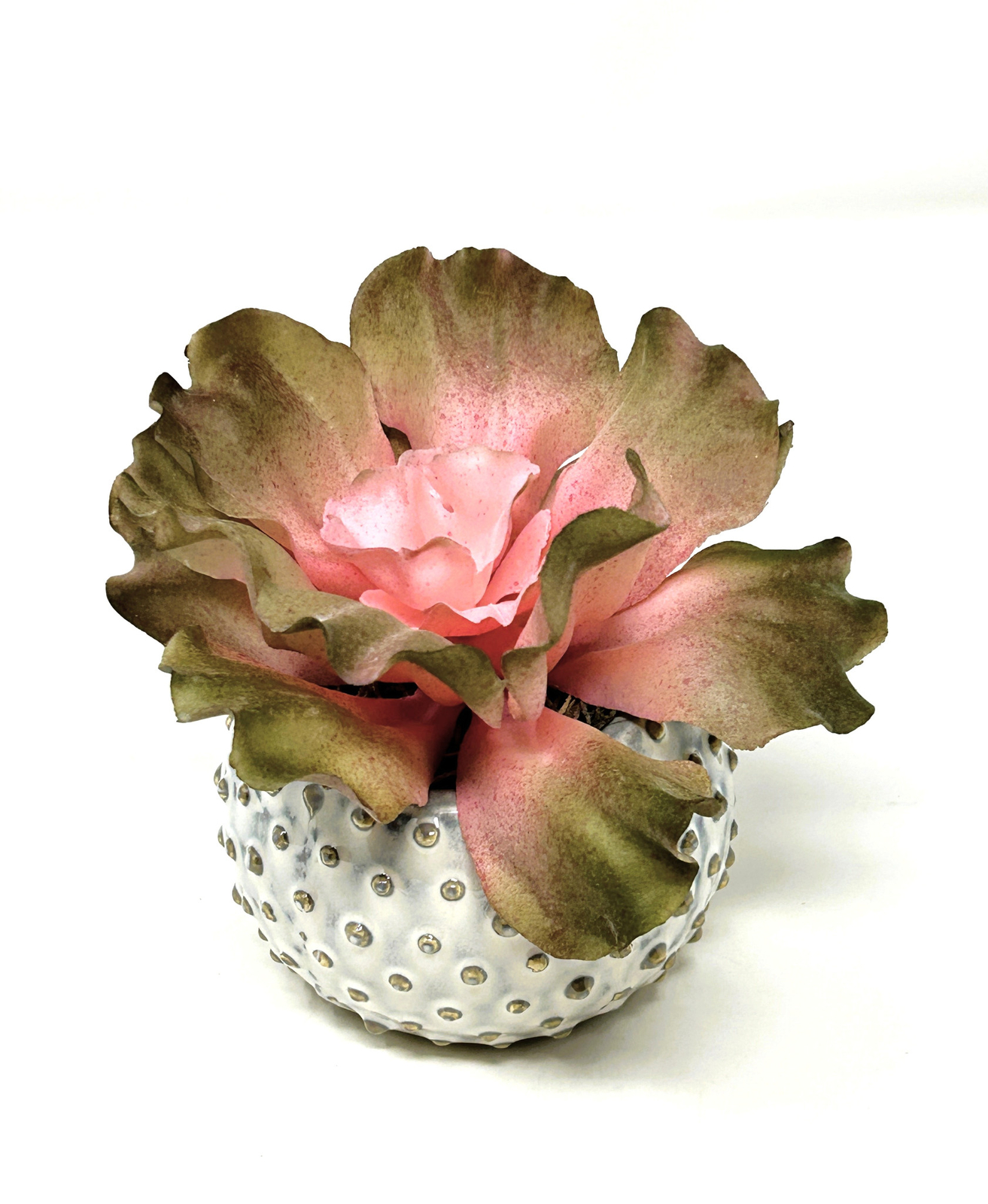 5″ Artificial Soft PINK & Taupe Curly Echeveria Cabbage SUCCULENT, 3″ Ceramic Wh